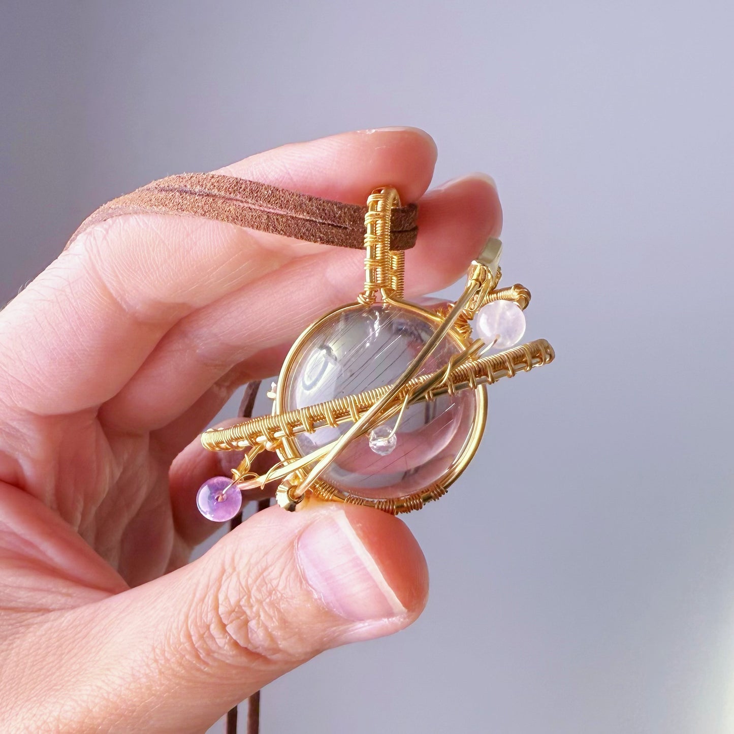 Giant Planet - Natural Rutile Quartz with Amethyst and Moonstone Crystal Planet Wire Wrapped Necklace