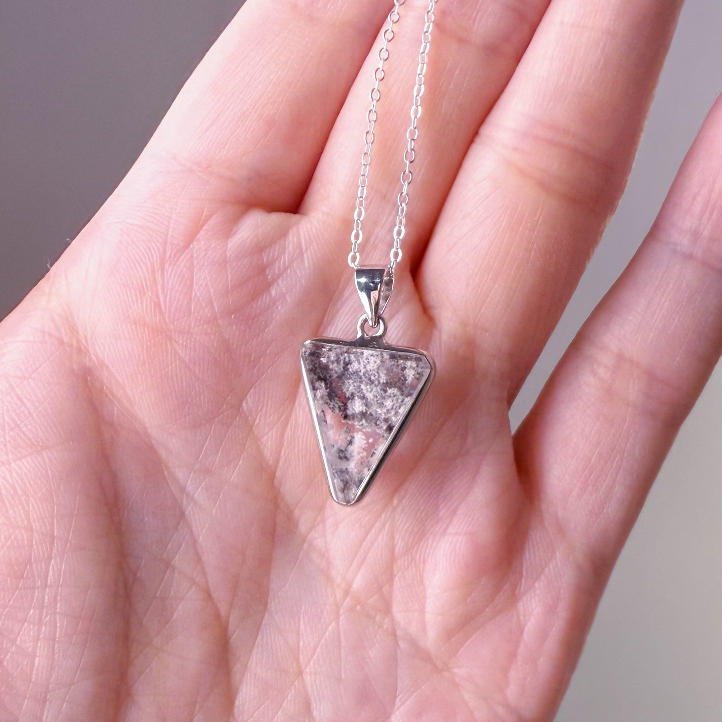 Handmade Black and White Phantom Quartz Crystal Silver Pendant Necklace