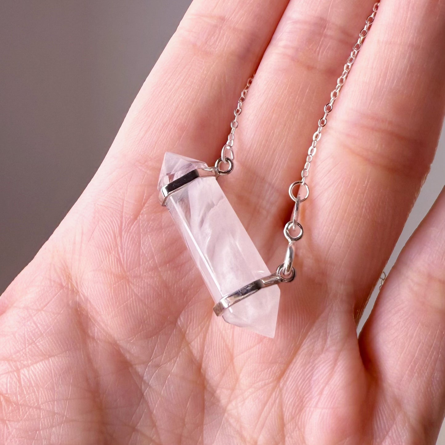 Handmade White Rutilated Quartz 'Rabbit Hair' Double Terminated Crystal Necklace