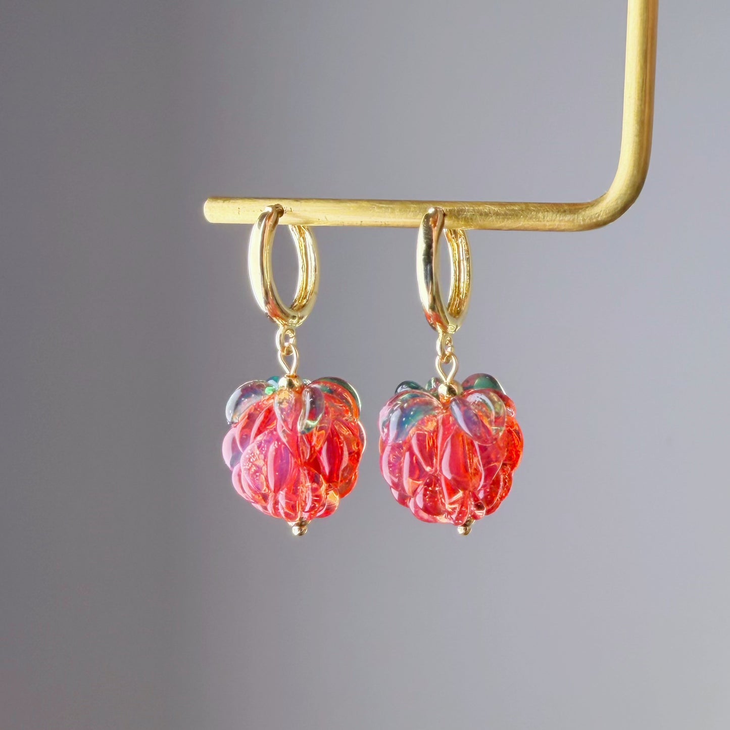 Handmade Lampwork Red Glass Raspberries Hoop Earrings