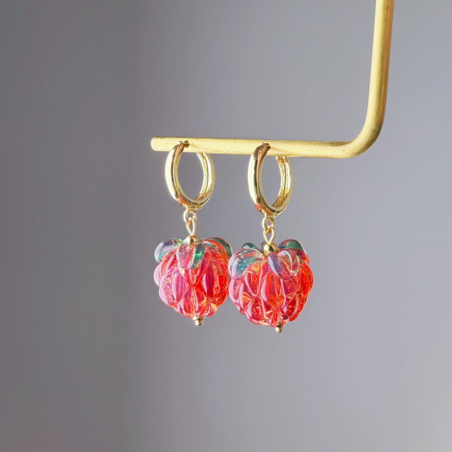 Handmade Lampwork Red Glass Raspberries Hoop Earrings