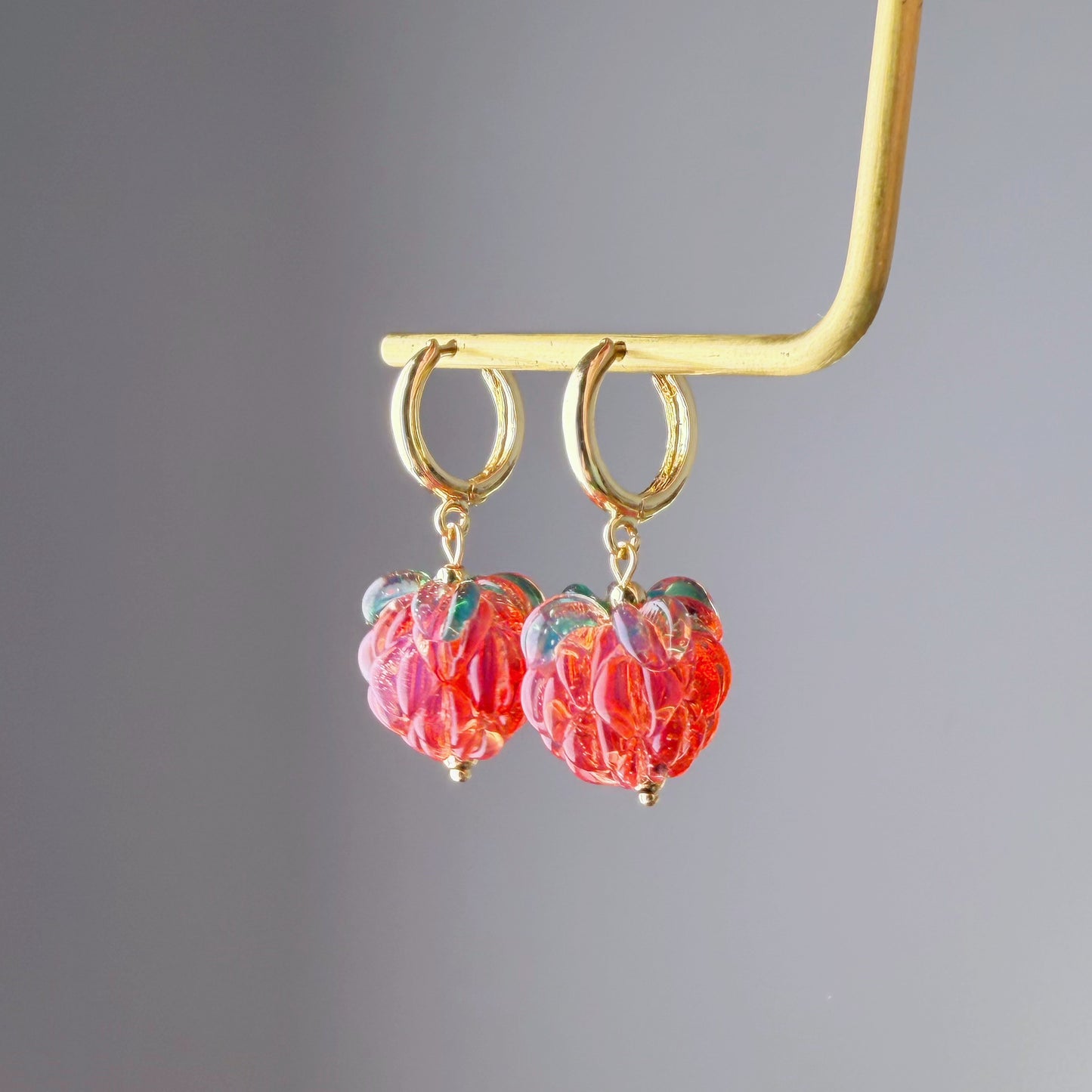 Handmade Lampwork Red Glass Raspberries Hoop Earrings