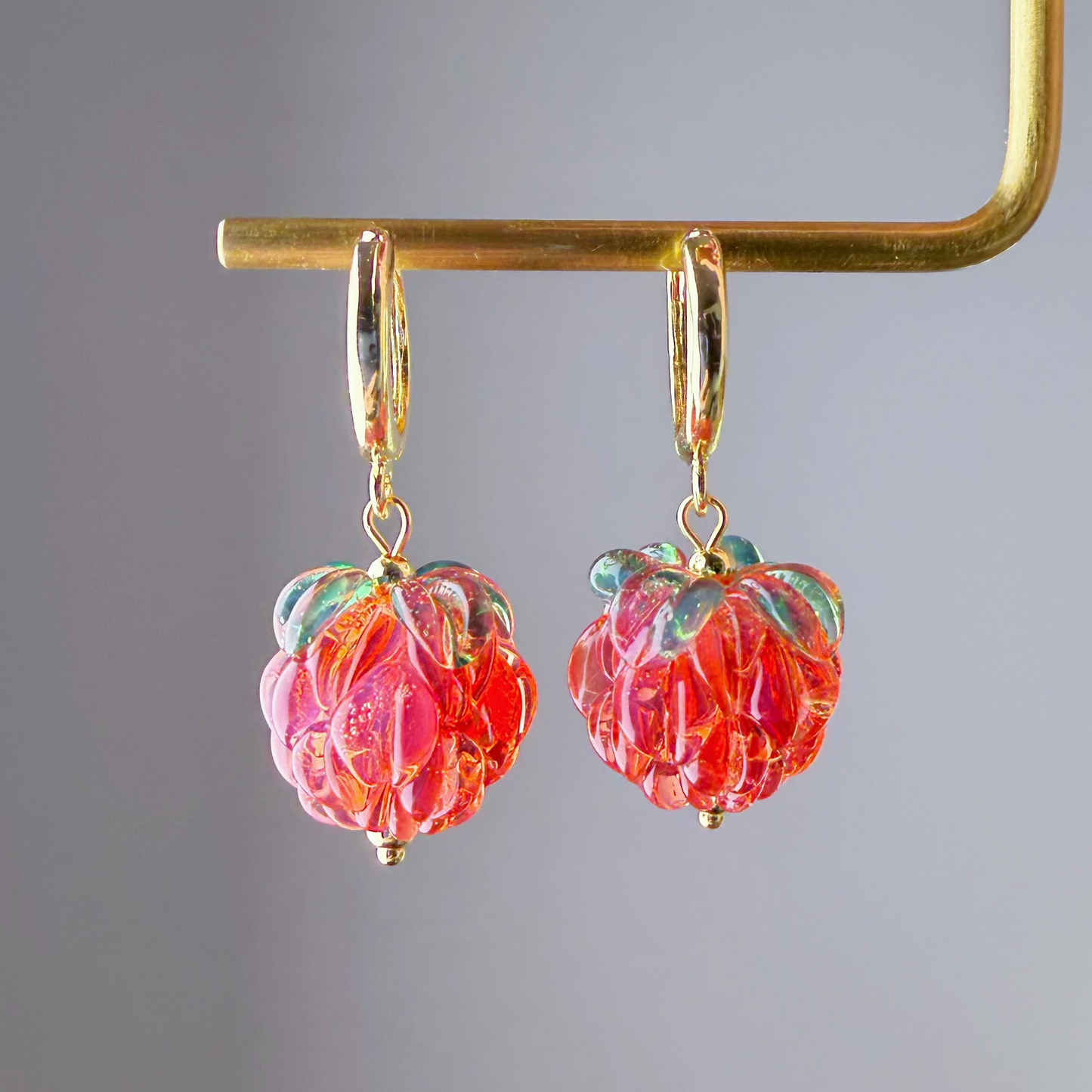 Handmade Lampwork Red Glass Raspberries Hoop Earrings
