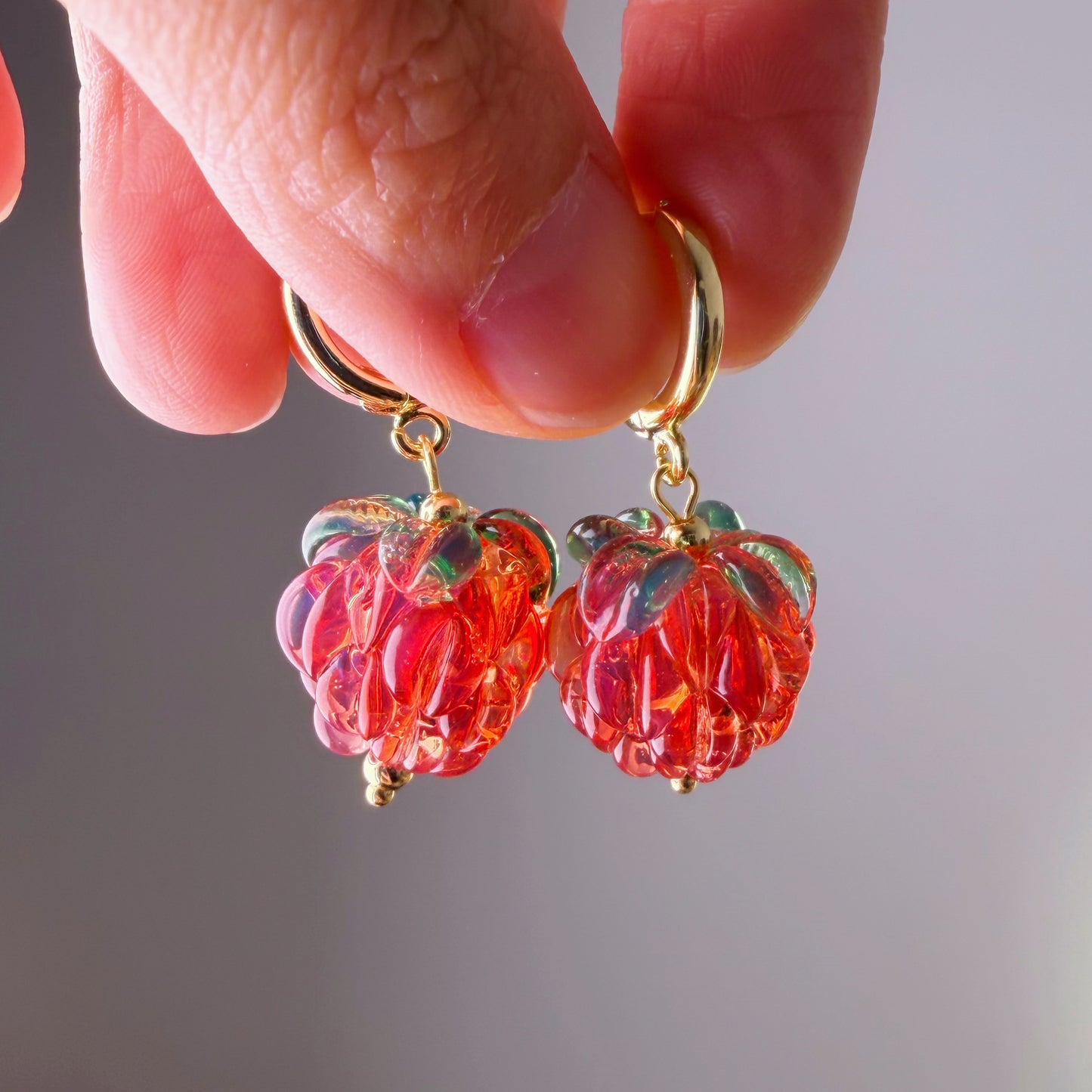 Handmade Lampwork Red Glass Raspberries Hoop Earrings