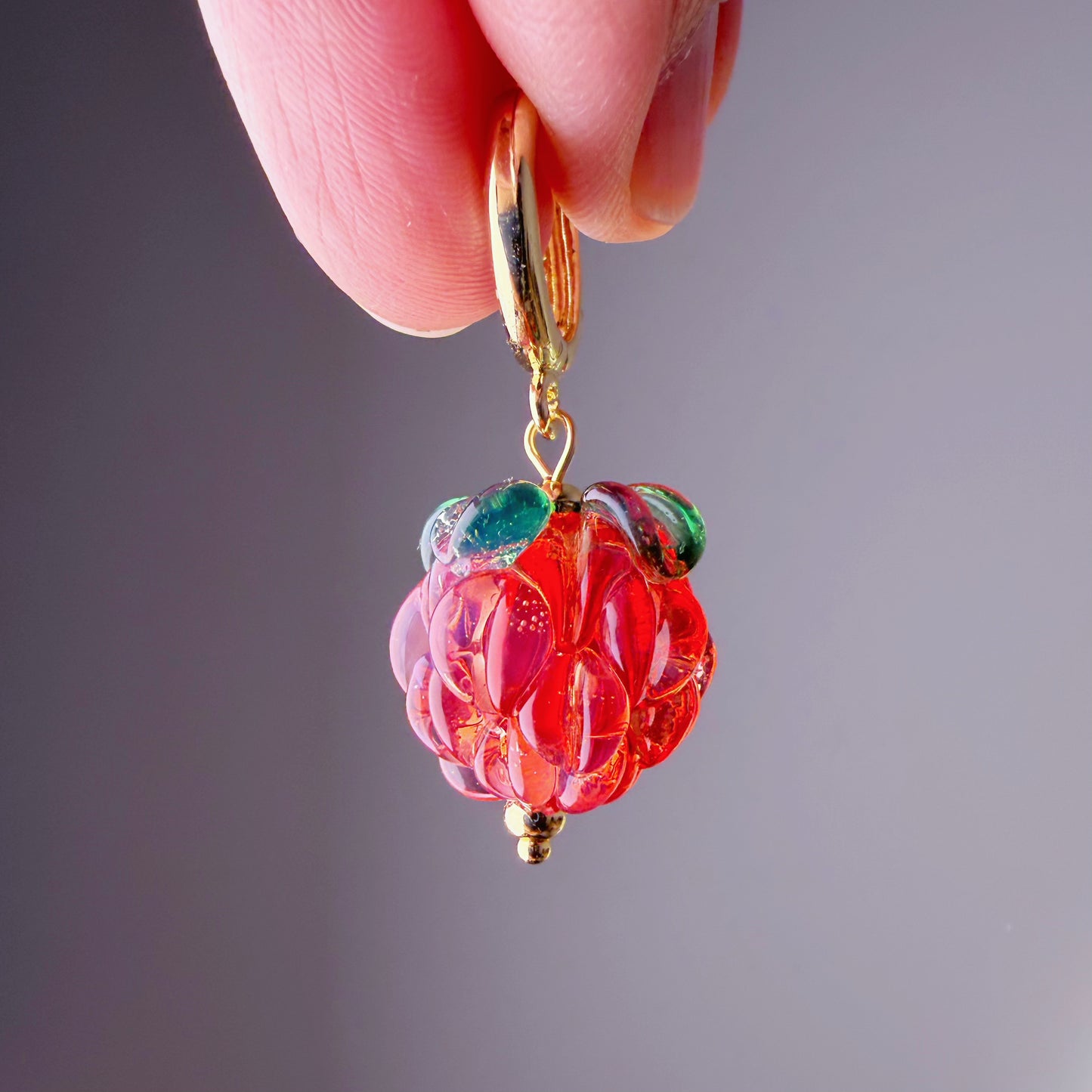 Handmade Lampwork Red Glass Raspberries Hoop Earrings