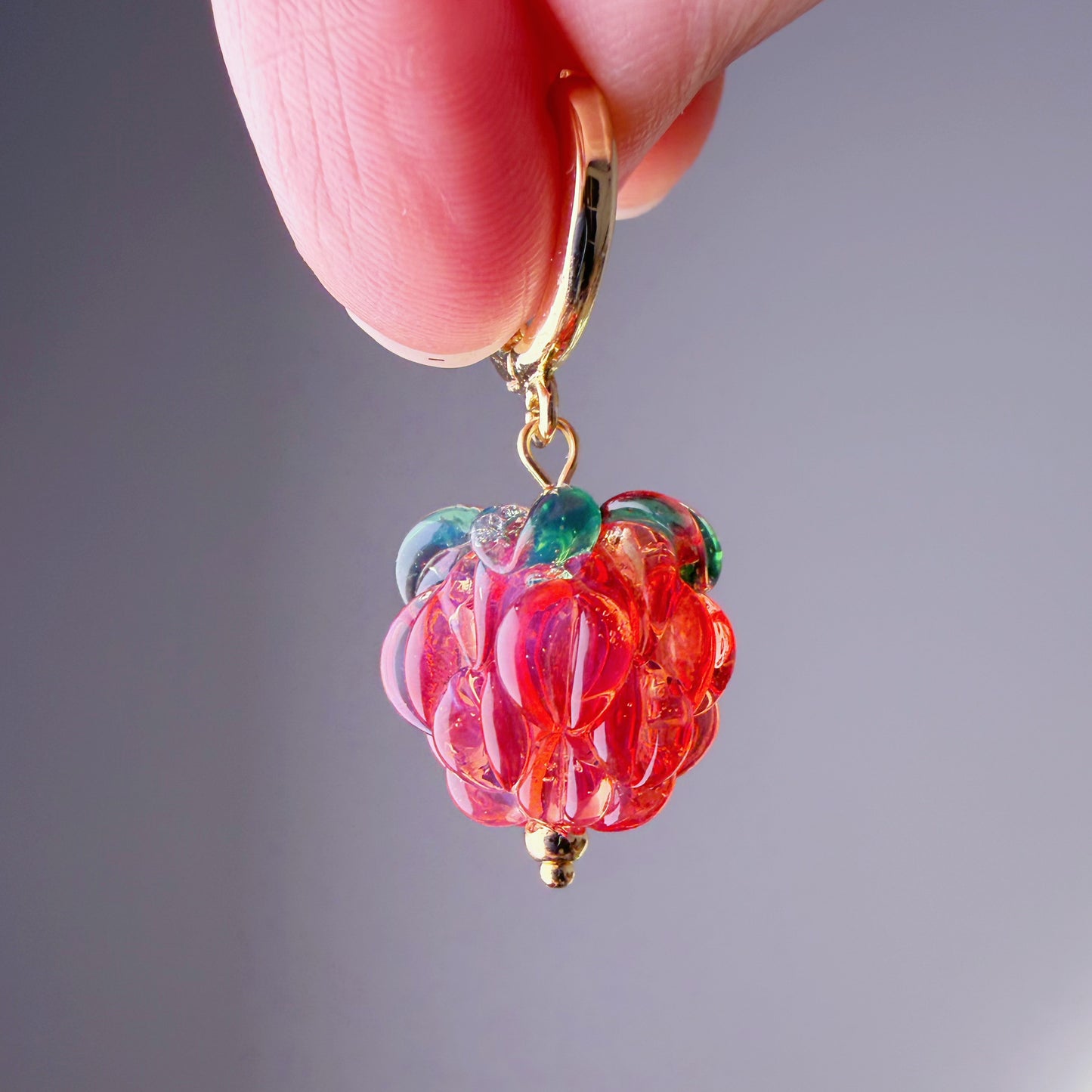 Handmade Lampwork Red Glass Raspberries Hoop Earrings