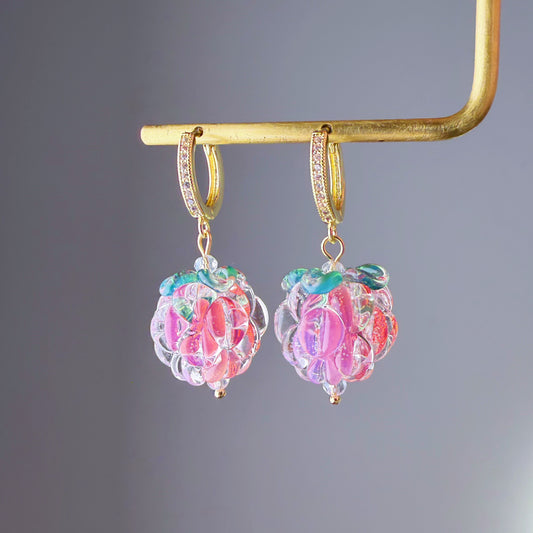 Handmade Lampwork Pink Glass Raspberries Hoop Earrings