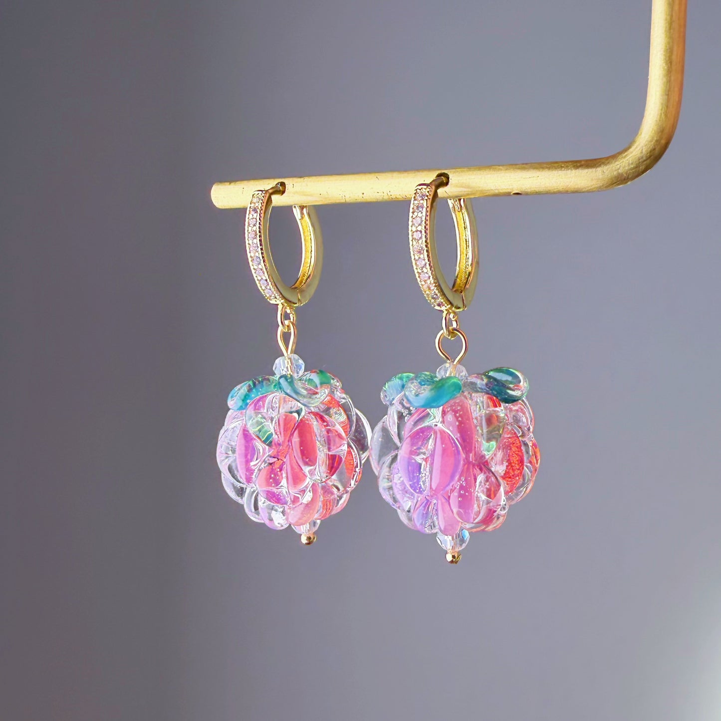 Handmade Lampwork Pink Glass Raspberries Hoop Earrings