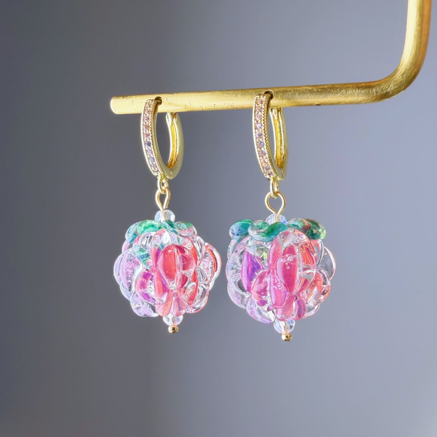 Handmade Lampwork Pink Glass Raspberries Hoop Earrings