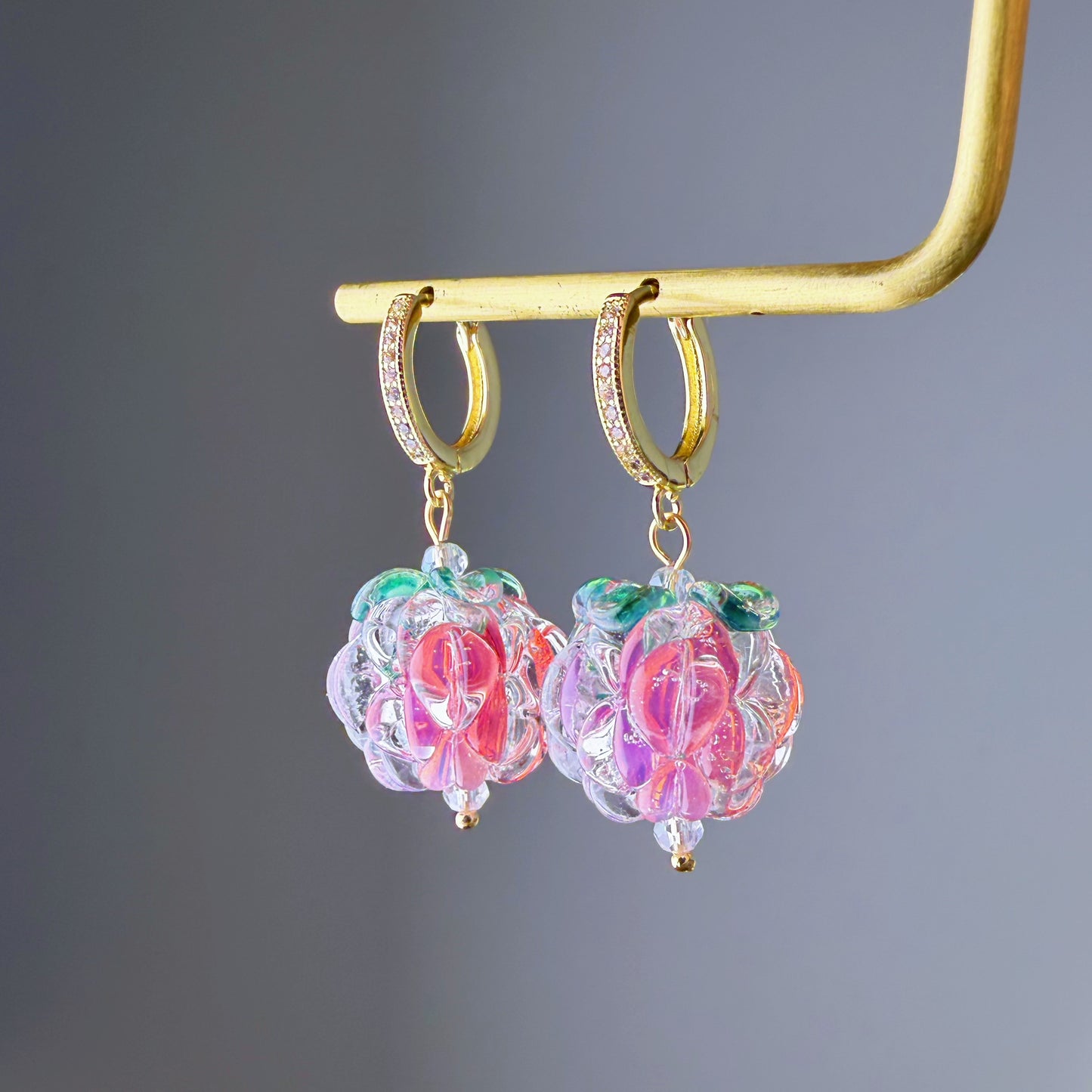 Handmade Lampwork Pink Glass Raspberries Hoop Earrings
