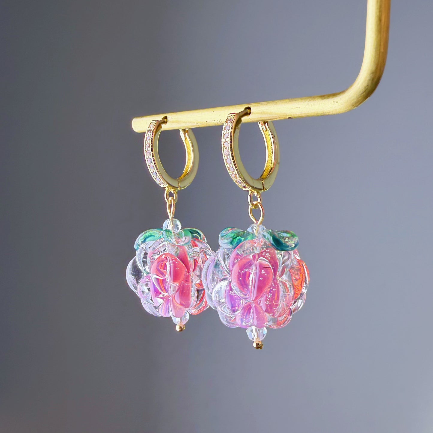 Handmade Lampwork Pink Glass Raspberries Hoop Earrings