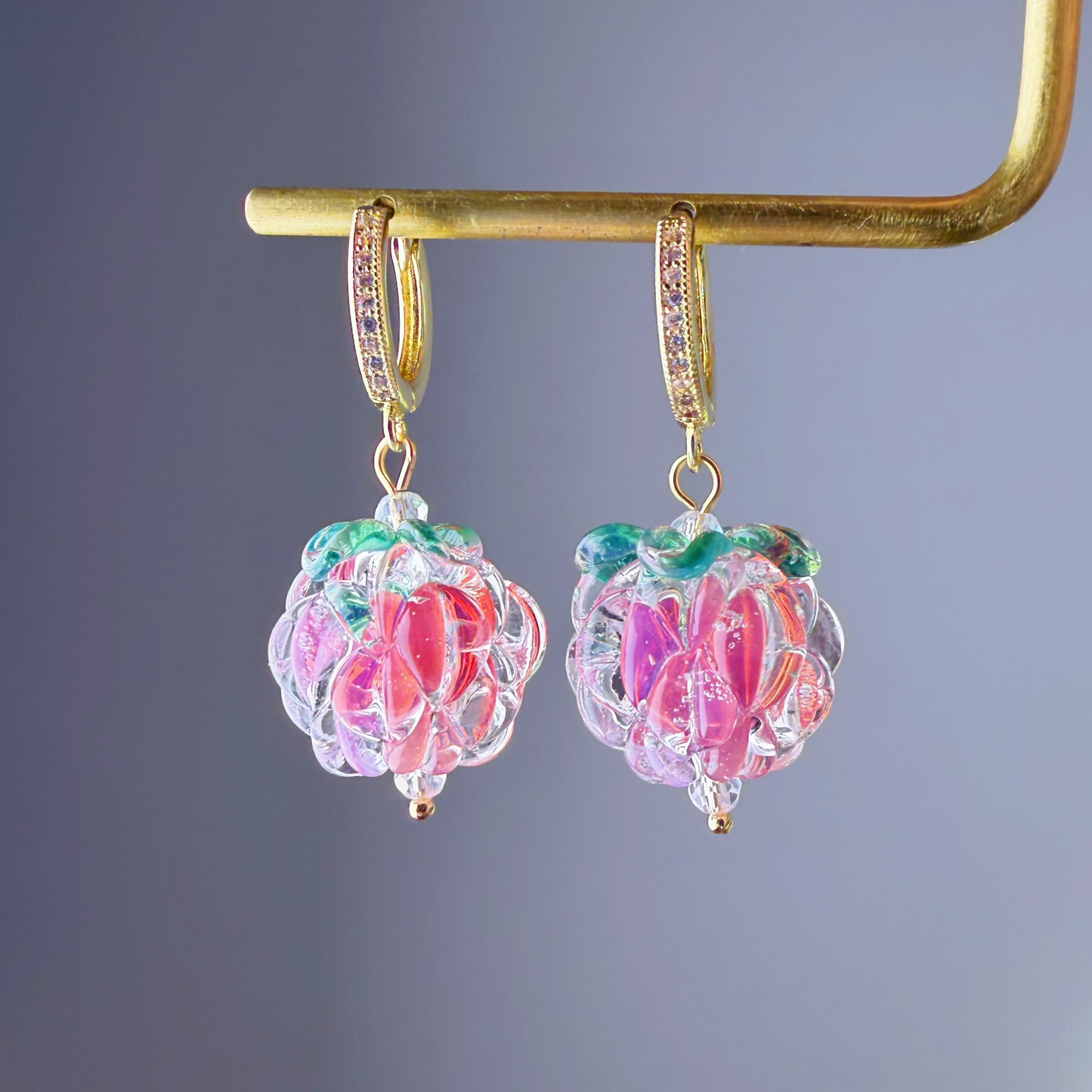 Handmade Lampwork Pink Glass Raspberries Hoop Earrings