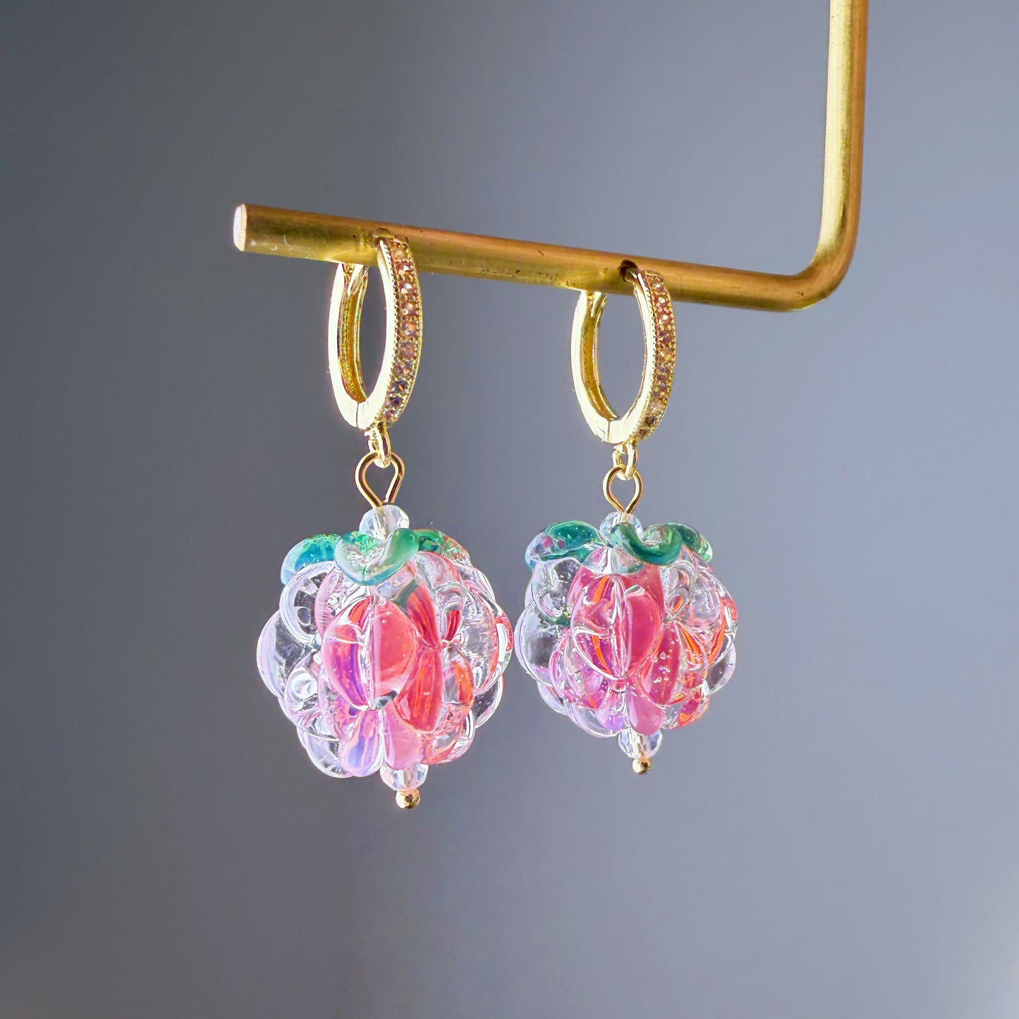 Handmade Lampwork Pink Glass Raspberries Hoop Earrings