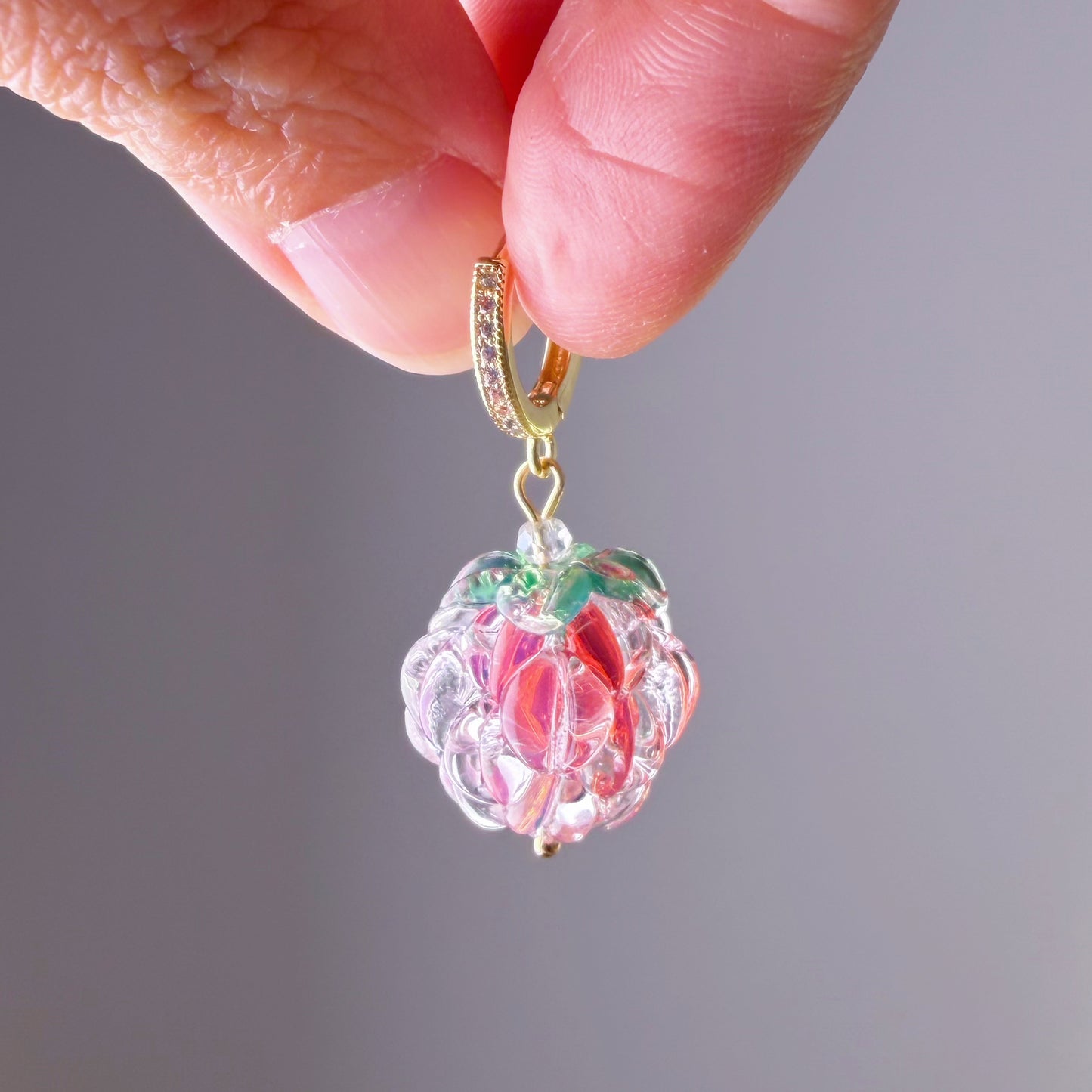 Handmade Lampwork Pink Glass Raspberries Hoop Earrings