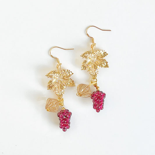 Garnet Grapes with Gold Leaf Earrings-Ninaouity