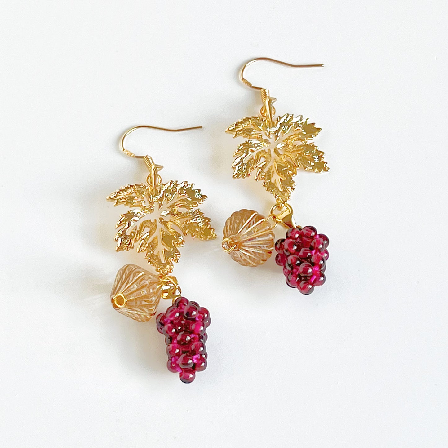 Garnet Grapes with Gold Leaf Earrings-Ninaouity