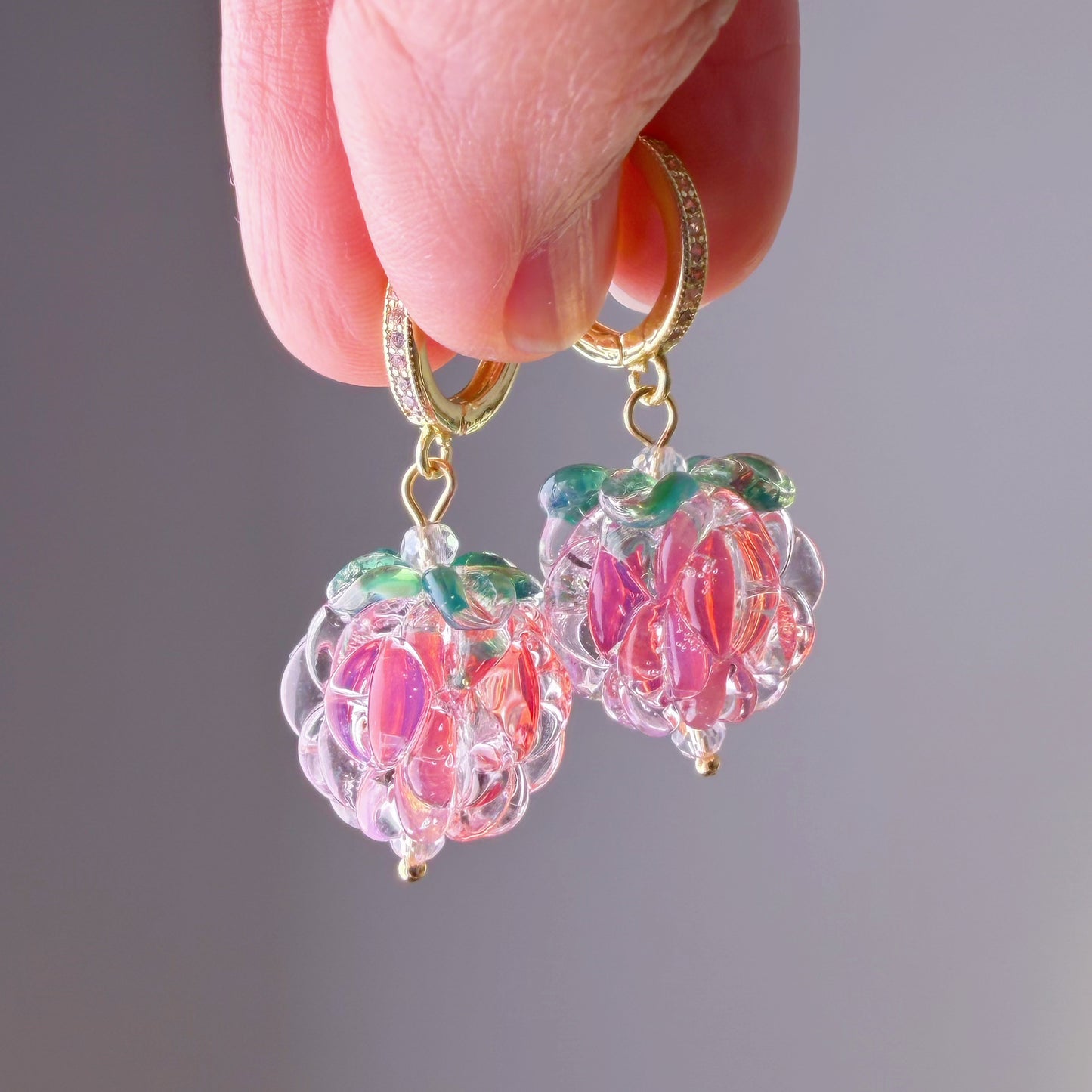 Handmade Lampwork Pink Glass Raspberries Hoop Earrings