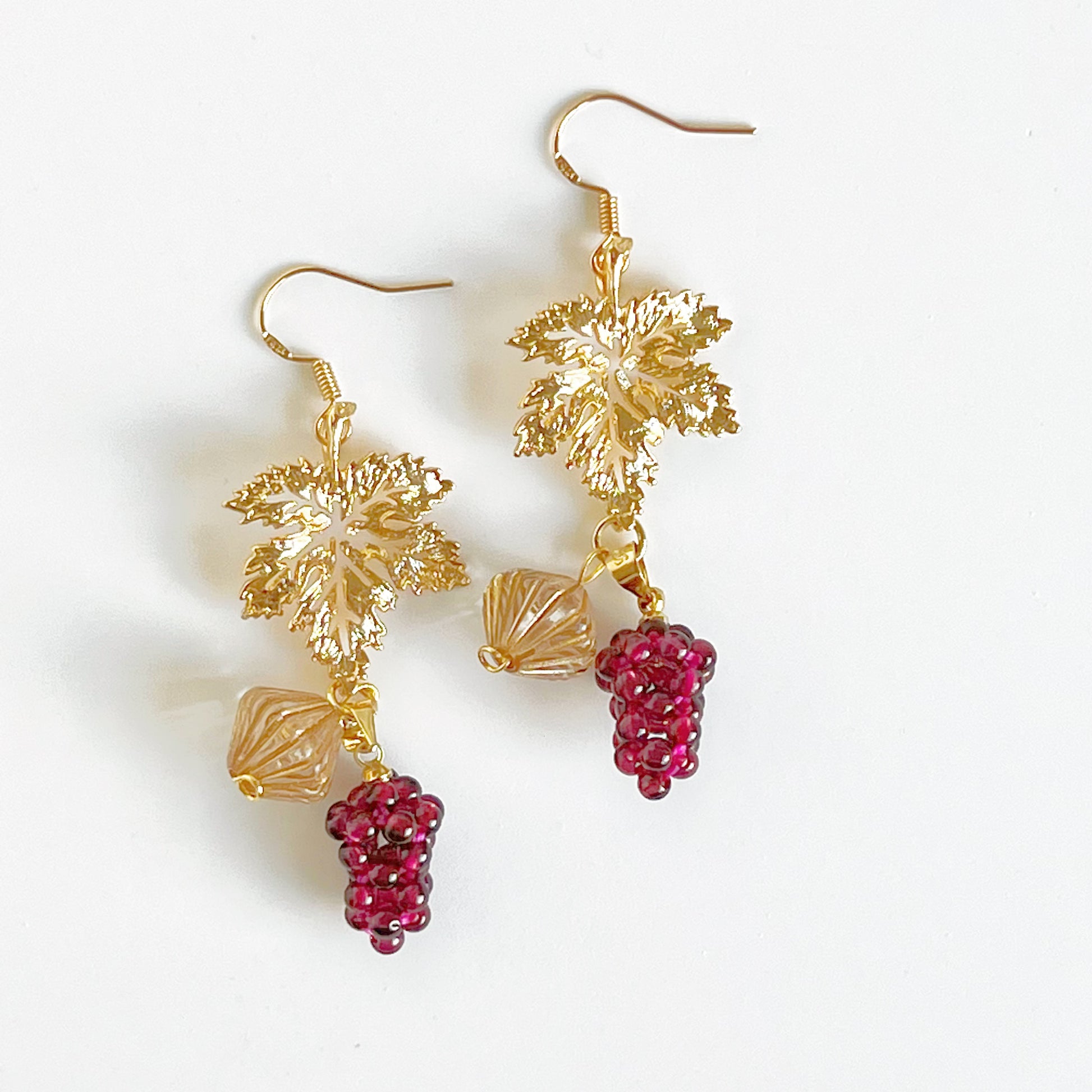 Garnet Grapes with Gold Leaf Earrings-Ninaouity