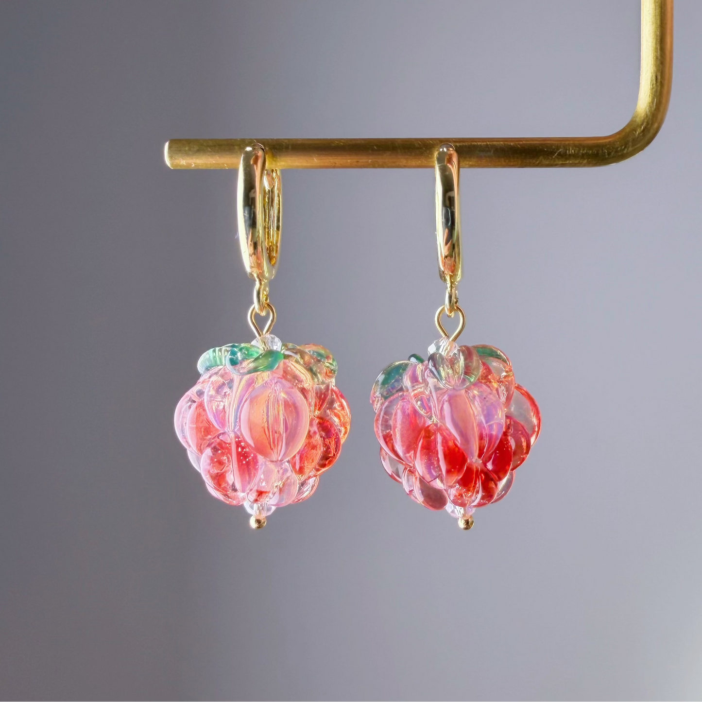 Handmade Lampwork Red and White Glass Raspberries Hoop Earrings