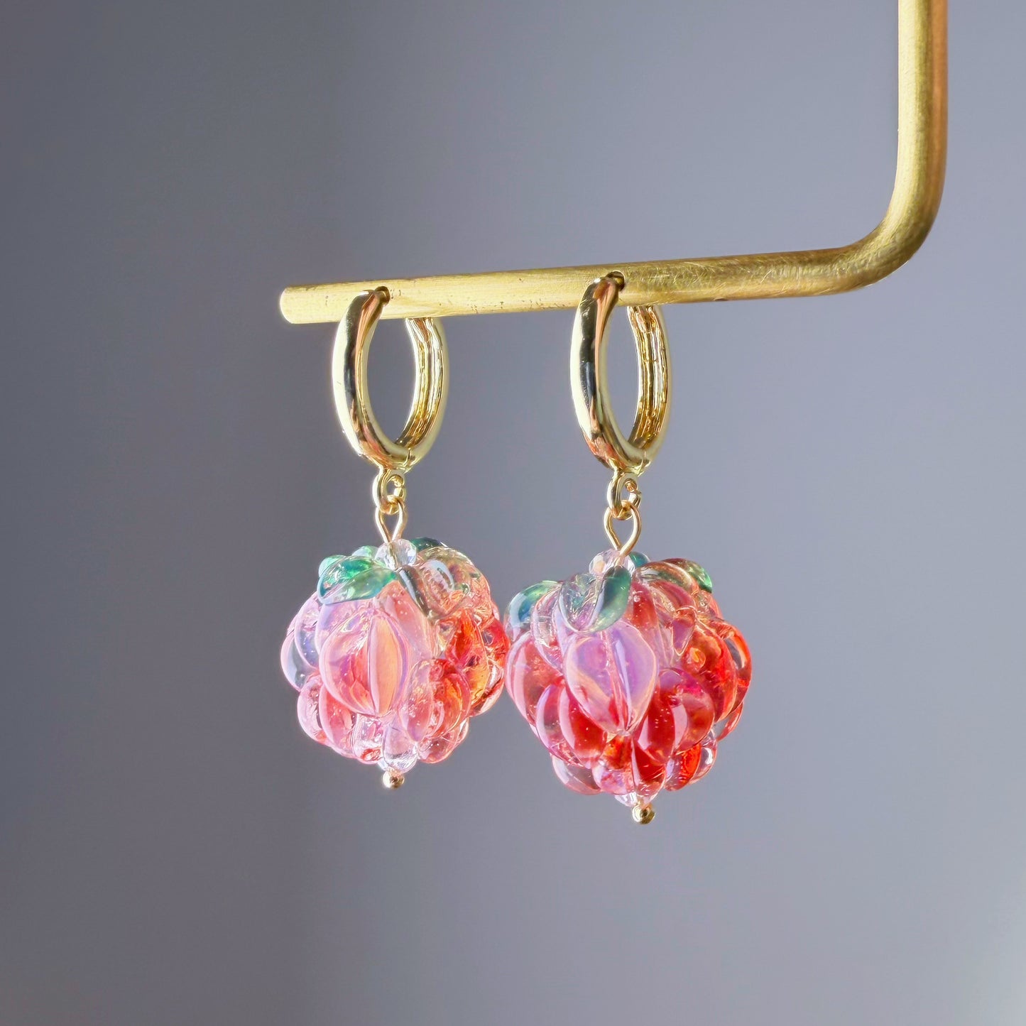 Handmade Lampwork Red and White Glass Raspberries Hoop Earrings