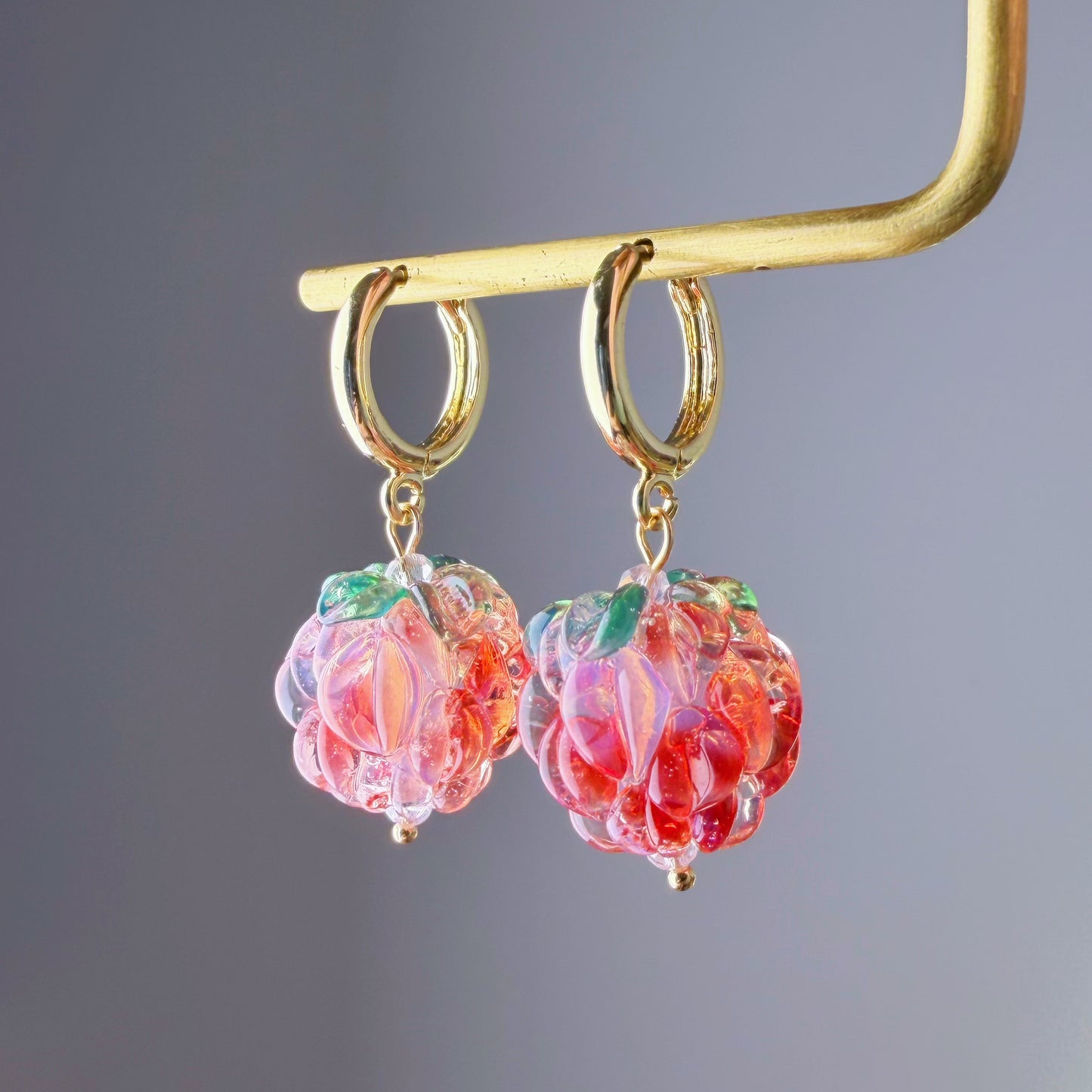 Handmade Lampwork Red and White Glass Raspberries Hoop Earrings