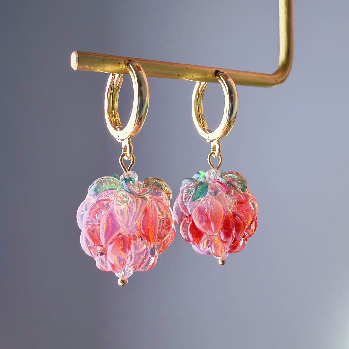 Handmade Lampwork Red and White Glass Raspberries Hoop Earrings