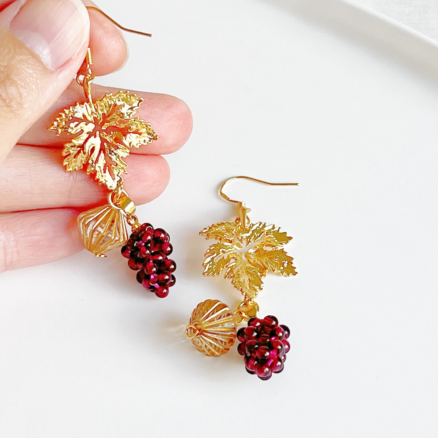 Garnet Grapes with Gold Leaf Earrings-Ninaouity