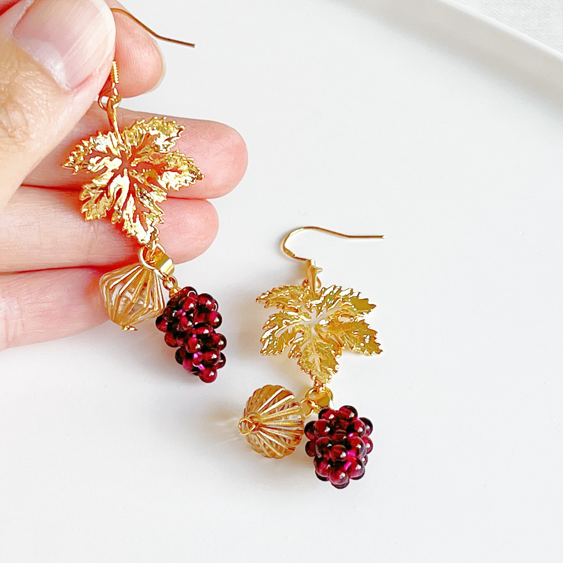 Garnet Grapes with Gold Leaf Earrings-Ninaouity