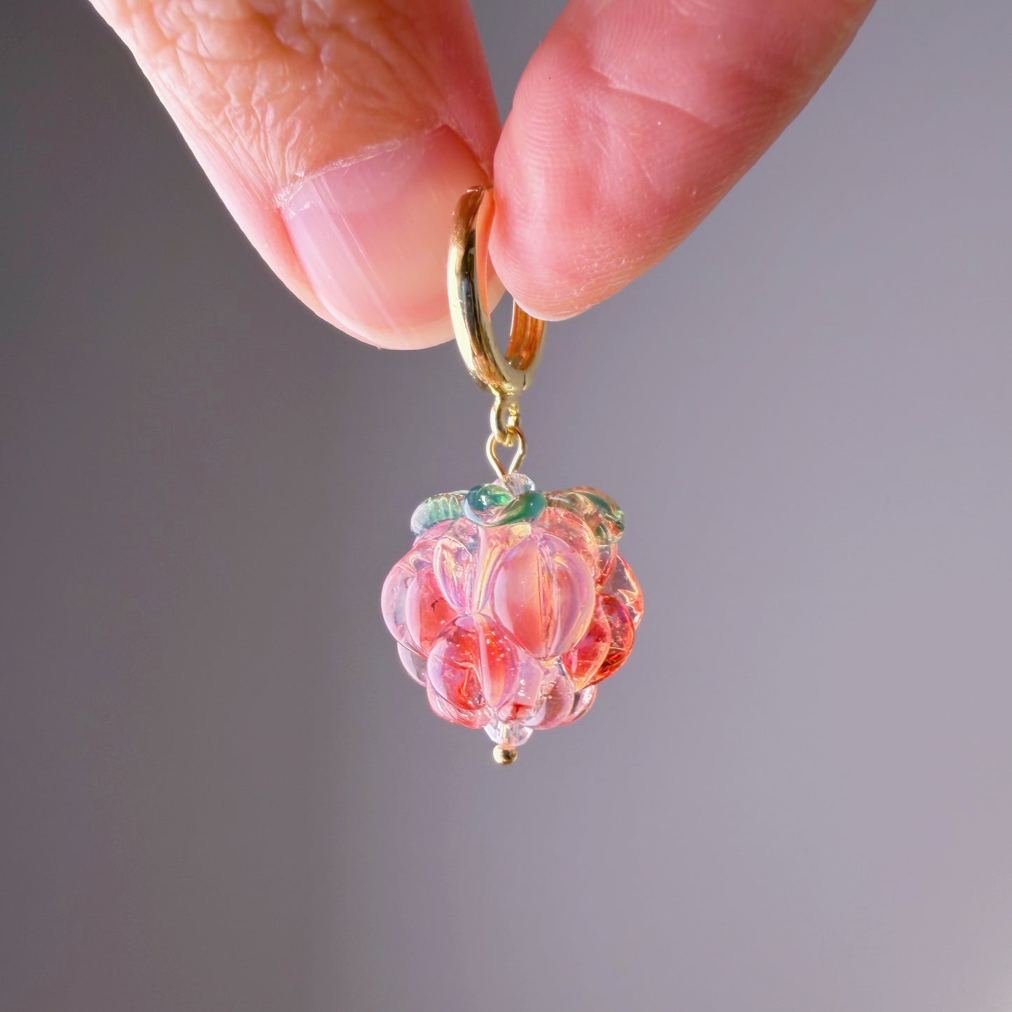 Handmade Lampwork Red and White Glass Raspberries Hoop Earrings