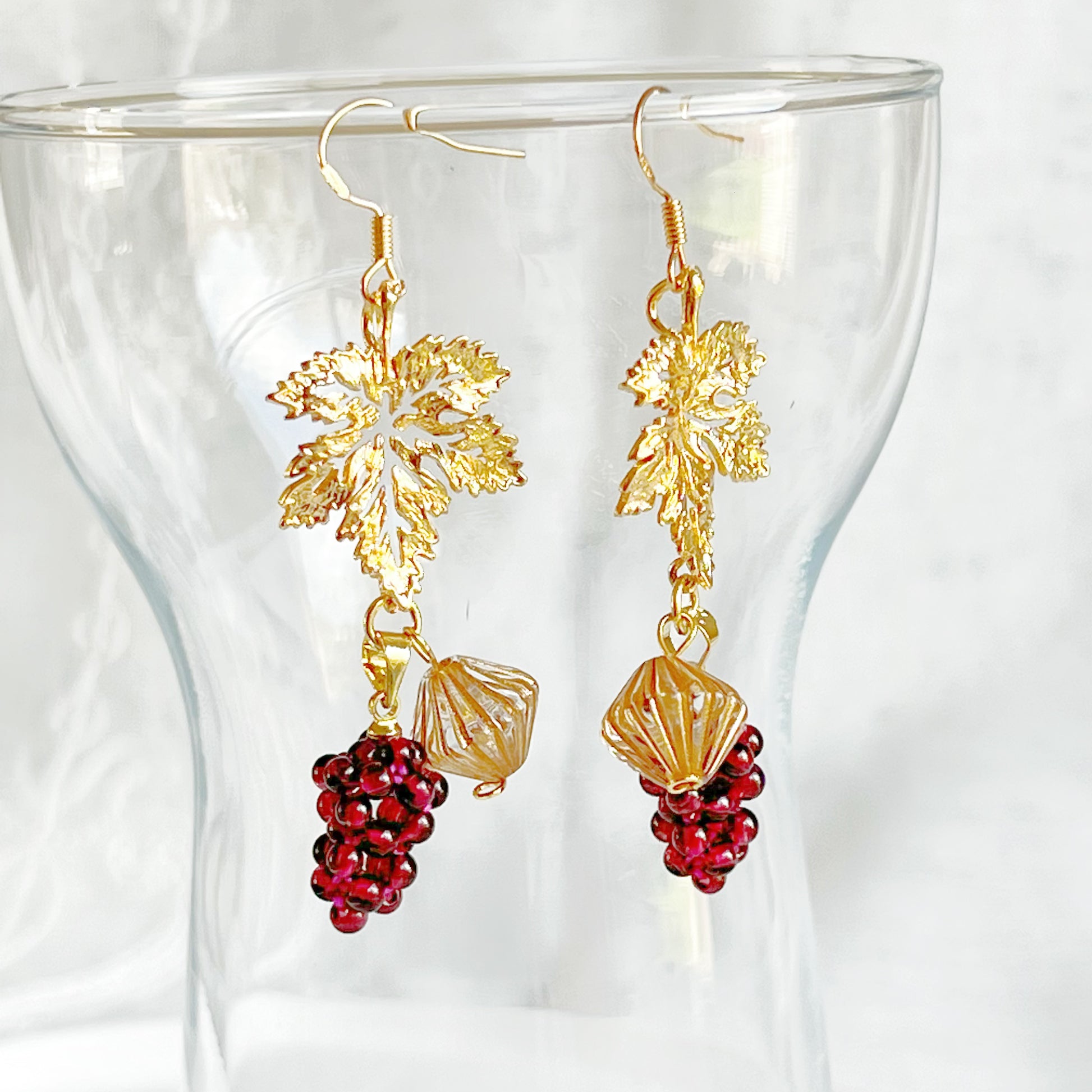 Garnet Grapes with Gold Leaf Earrings-Ninaouity