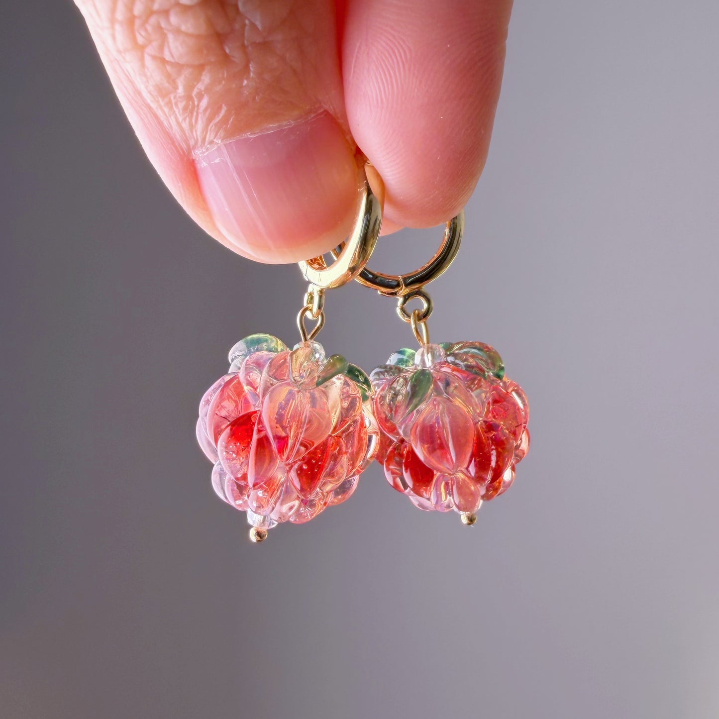 Handmade Lampwork Red and White Glass Raspberries Hoop Earrings