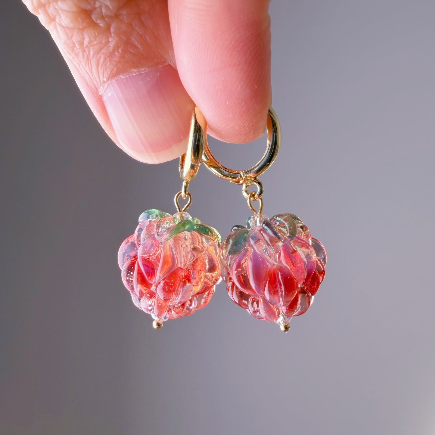 Handmade Lampwork Red and White Glass Raspberries Hoop Earrings