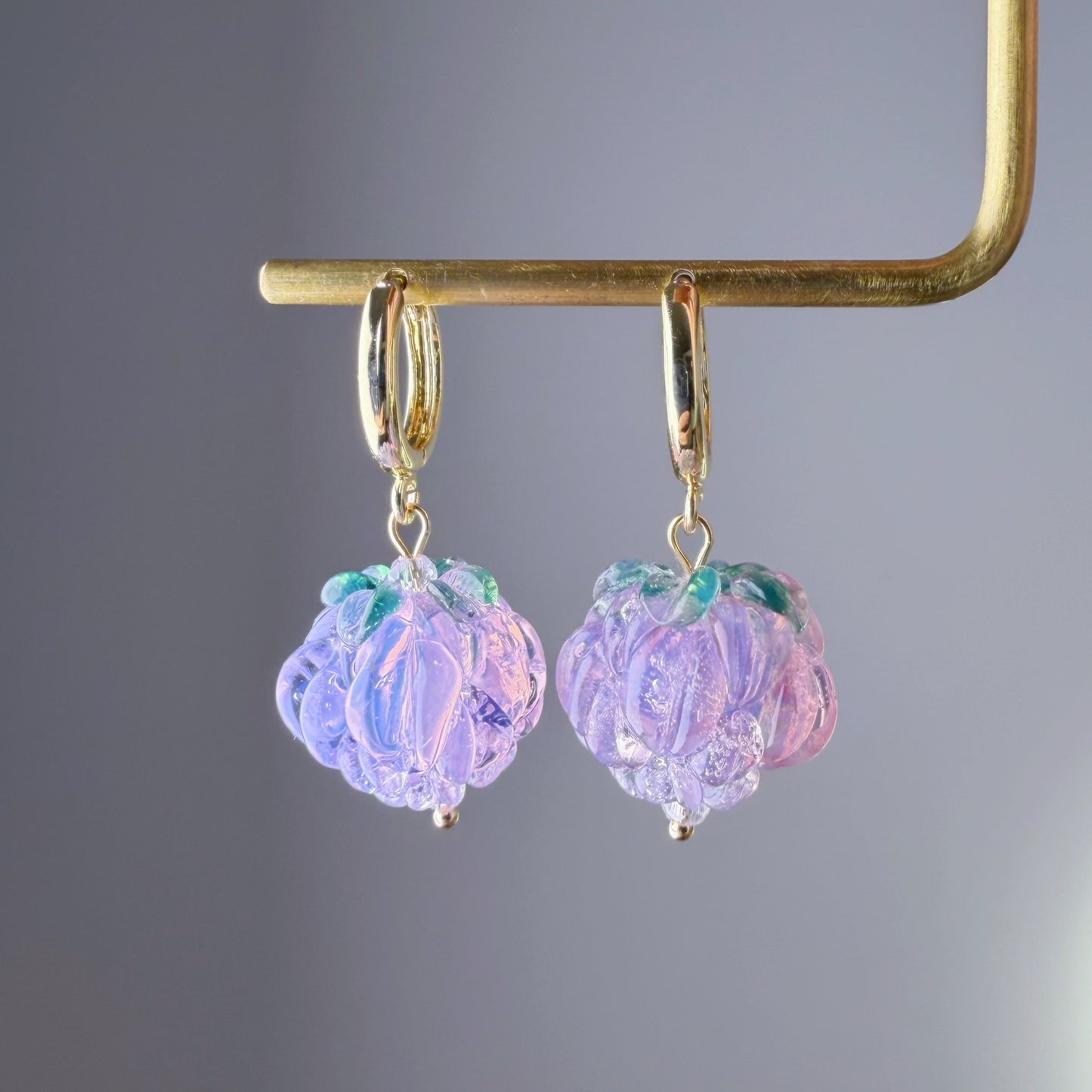 Handmade Lampwork Glass Purple Raspberries Hoop Earrings