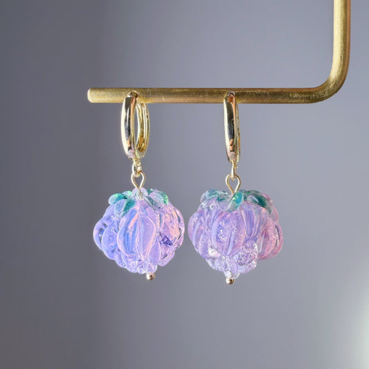 Handmade Lampwork Glass Purple Raspberries Hoop Earrings