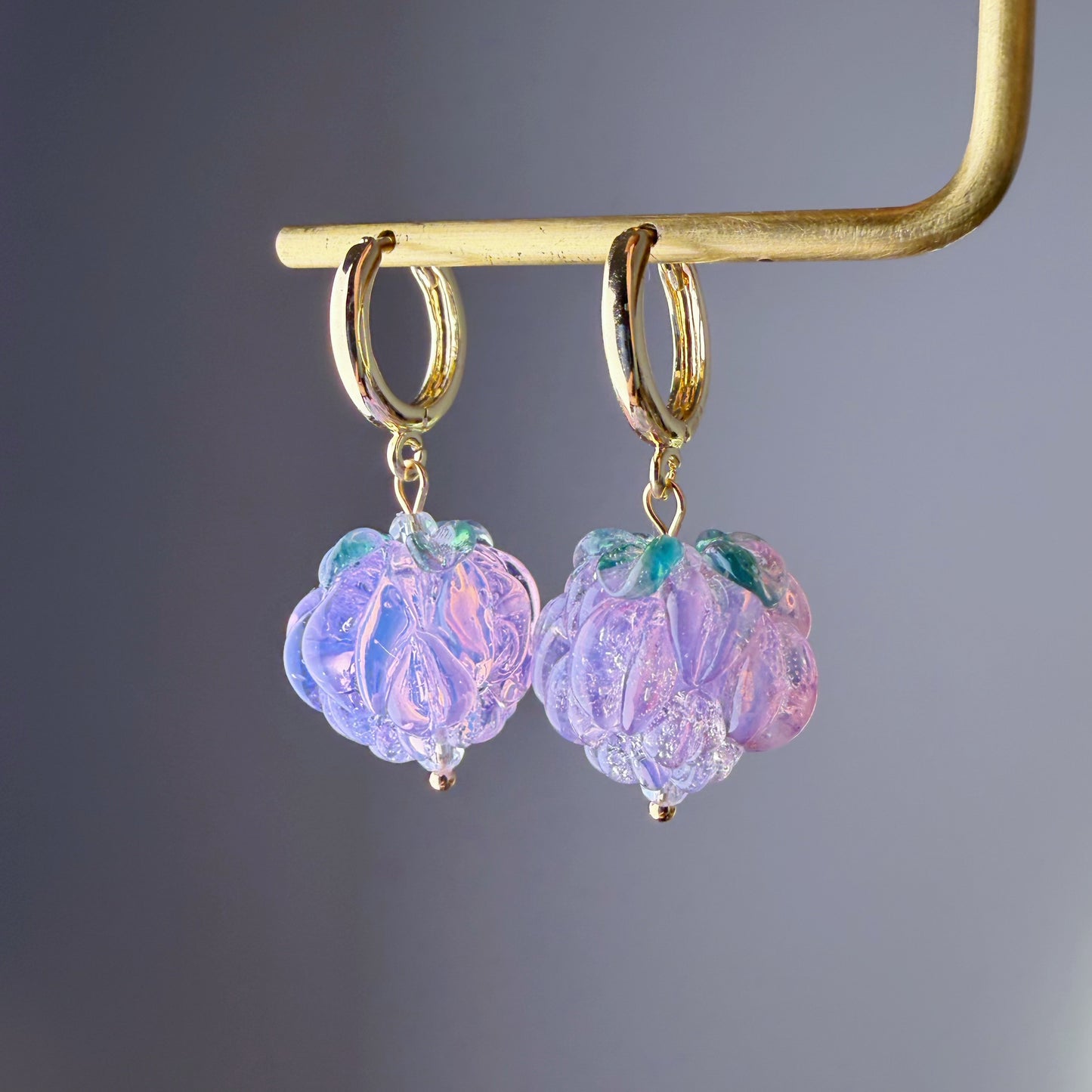 Handmade Lampwork Glass Purple Raspberries Hoop Earrings