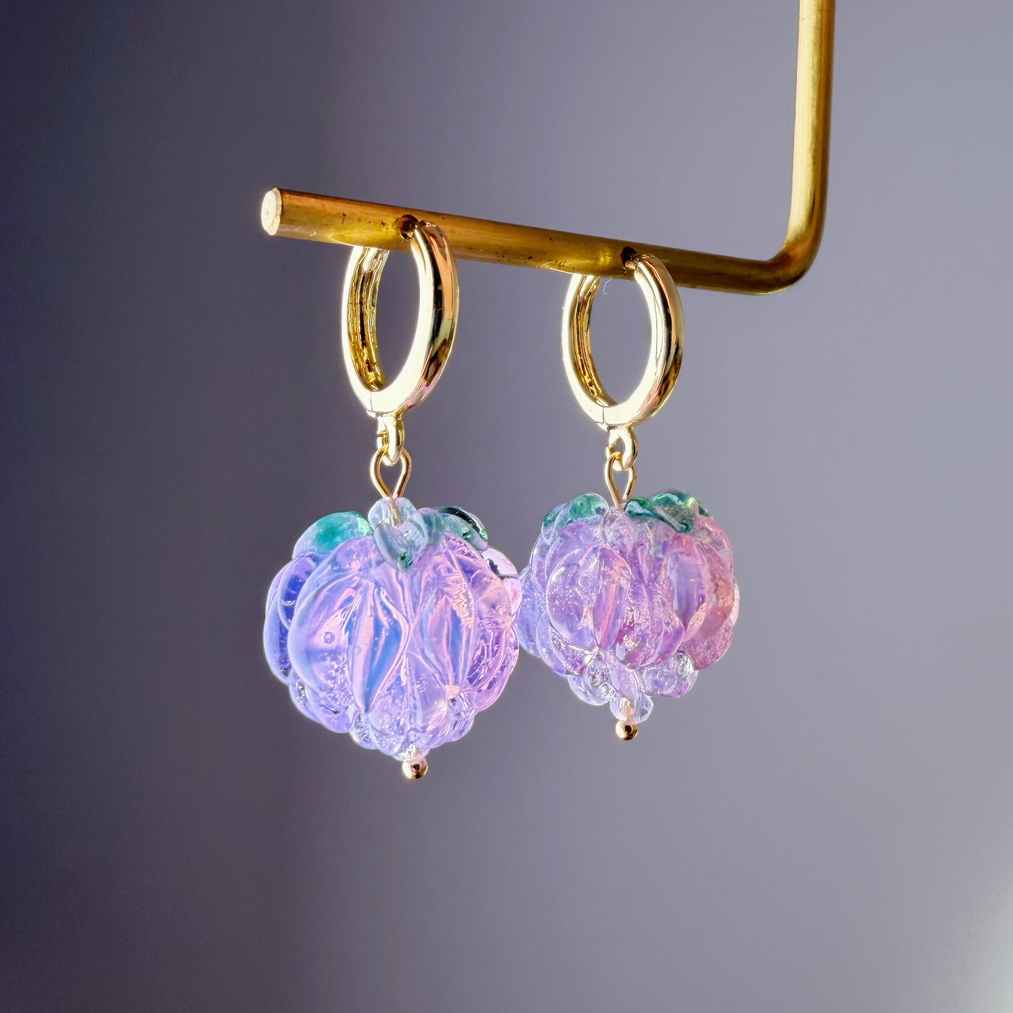 Handmade Lampwork Glass Purple Raspberries Hoop Earrings