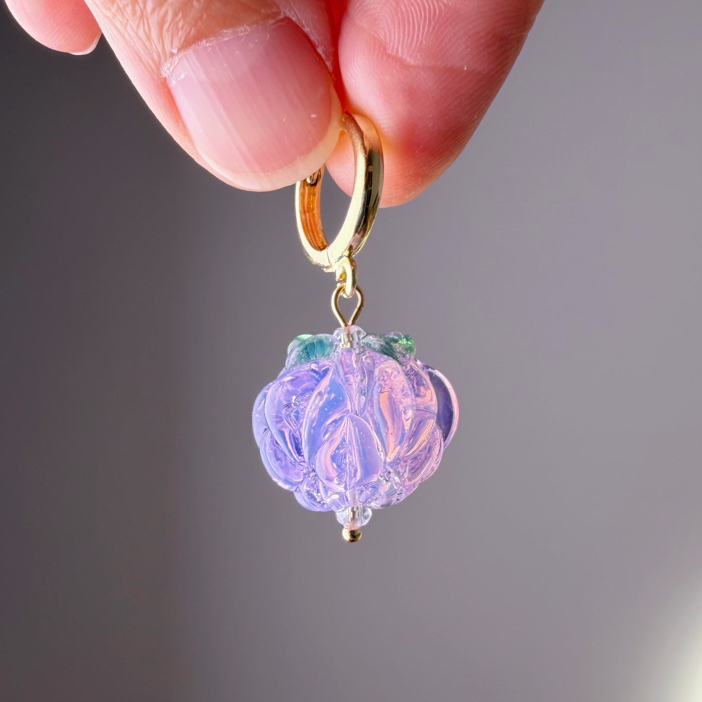 Handmade Lampwork Glass Purple Raspberries Hoop Earrings