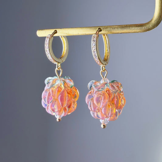 Handmade Lampwork Glass Golden Peach Colour Raspberries Hoop Earrings