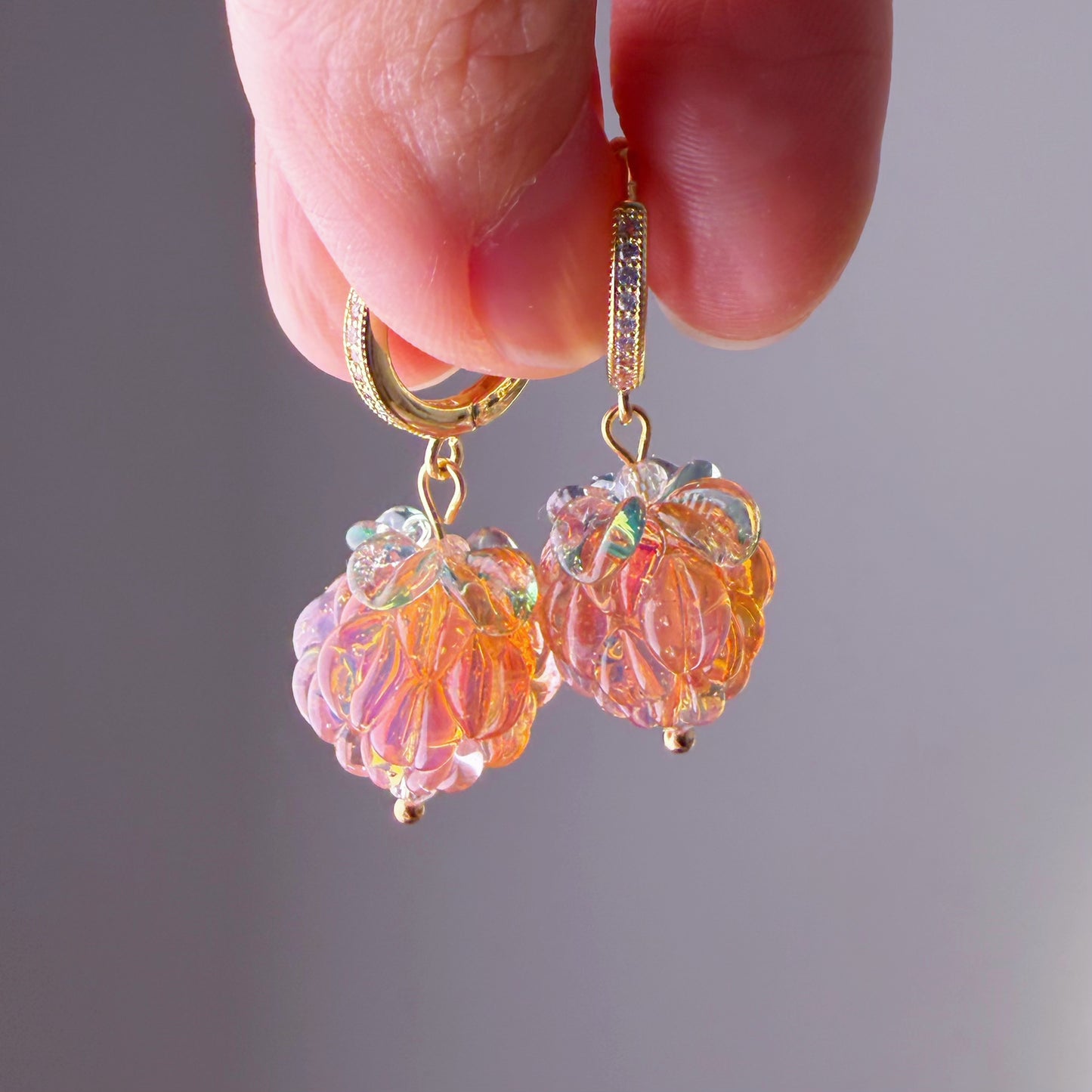 Handmade Lampwork Glass Golden Peach Colour Raspberries Hoop Earrings