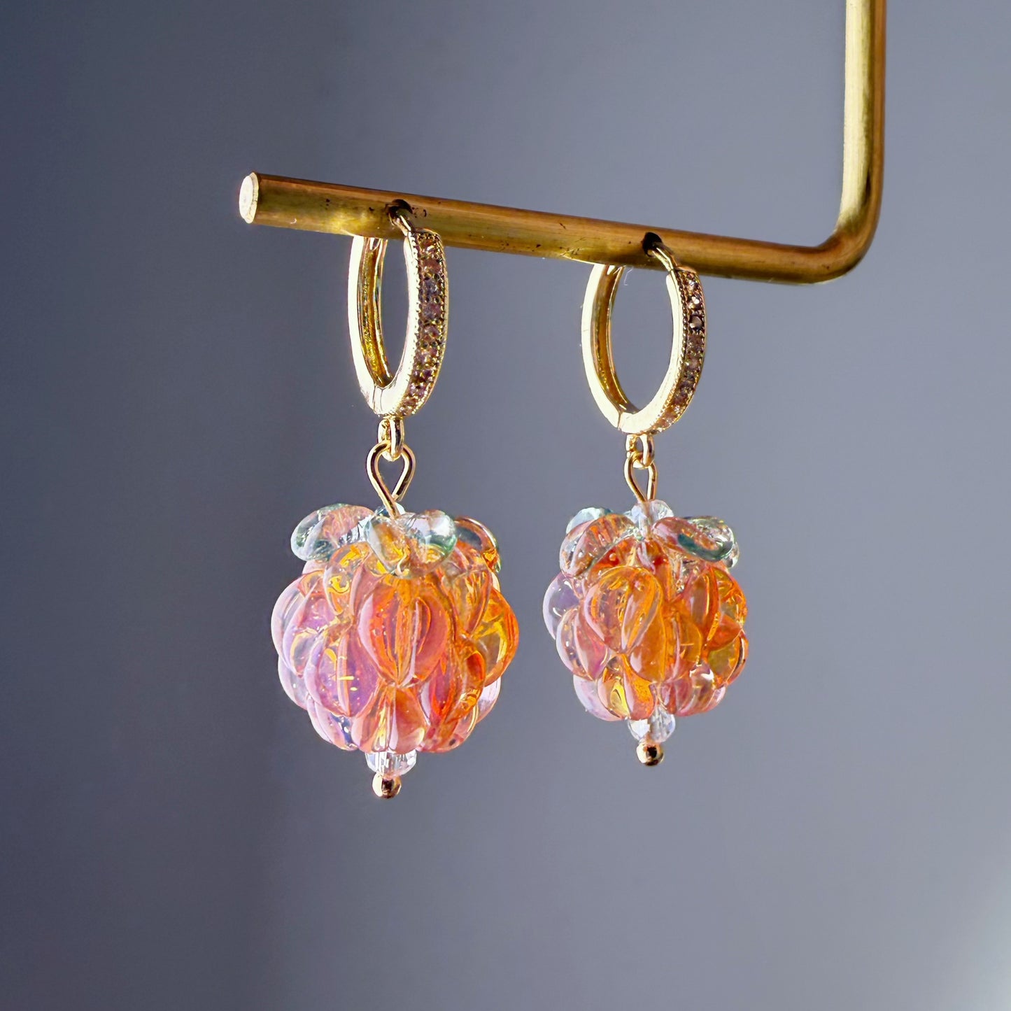 Handmade Lampwork Glass Golden Peach Colour Raspberries Hoop Earrings