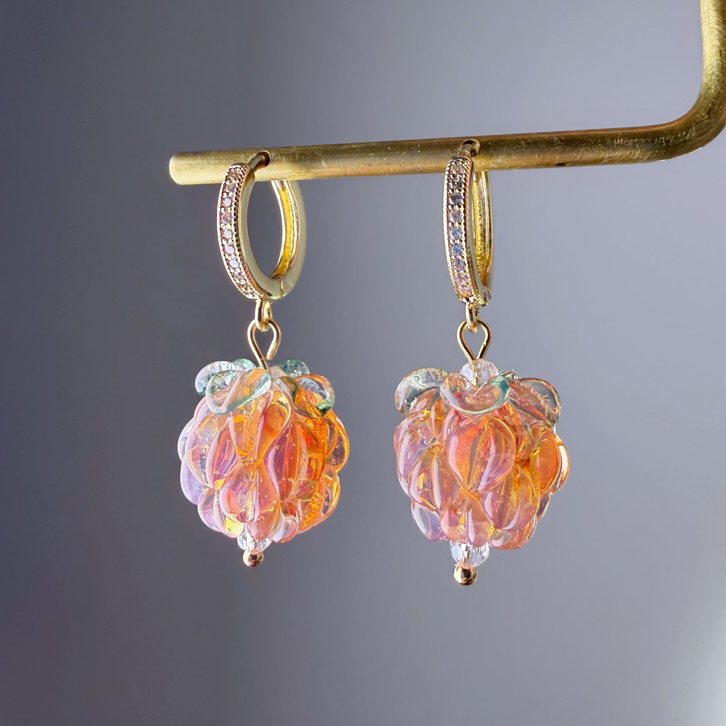 Handmade Lampwork Glass Golden Peach Colour Raspberries Hoop Earrings