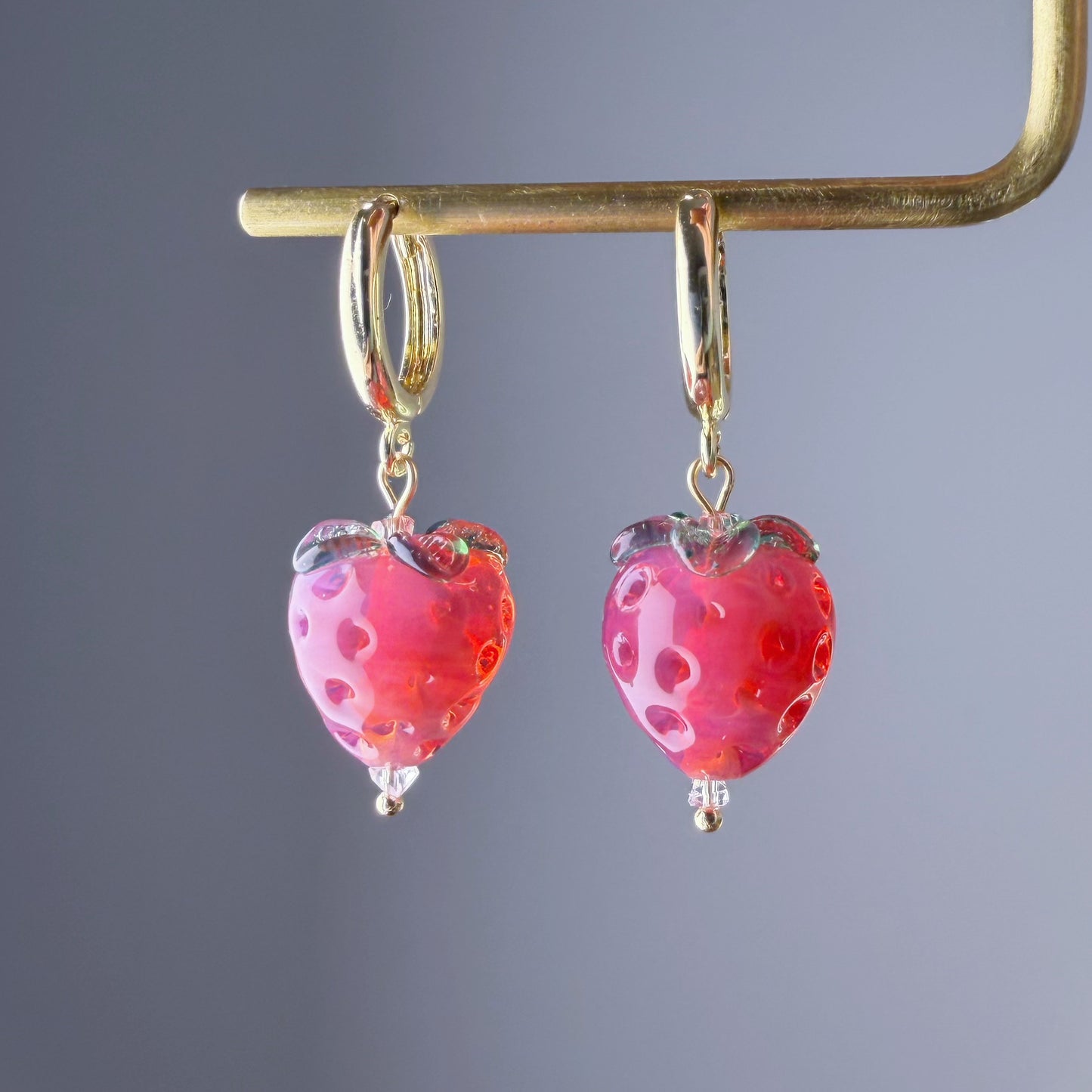 Handmade Lampwork Glass Red Strawberries Hoop Earrings