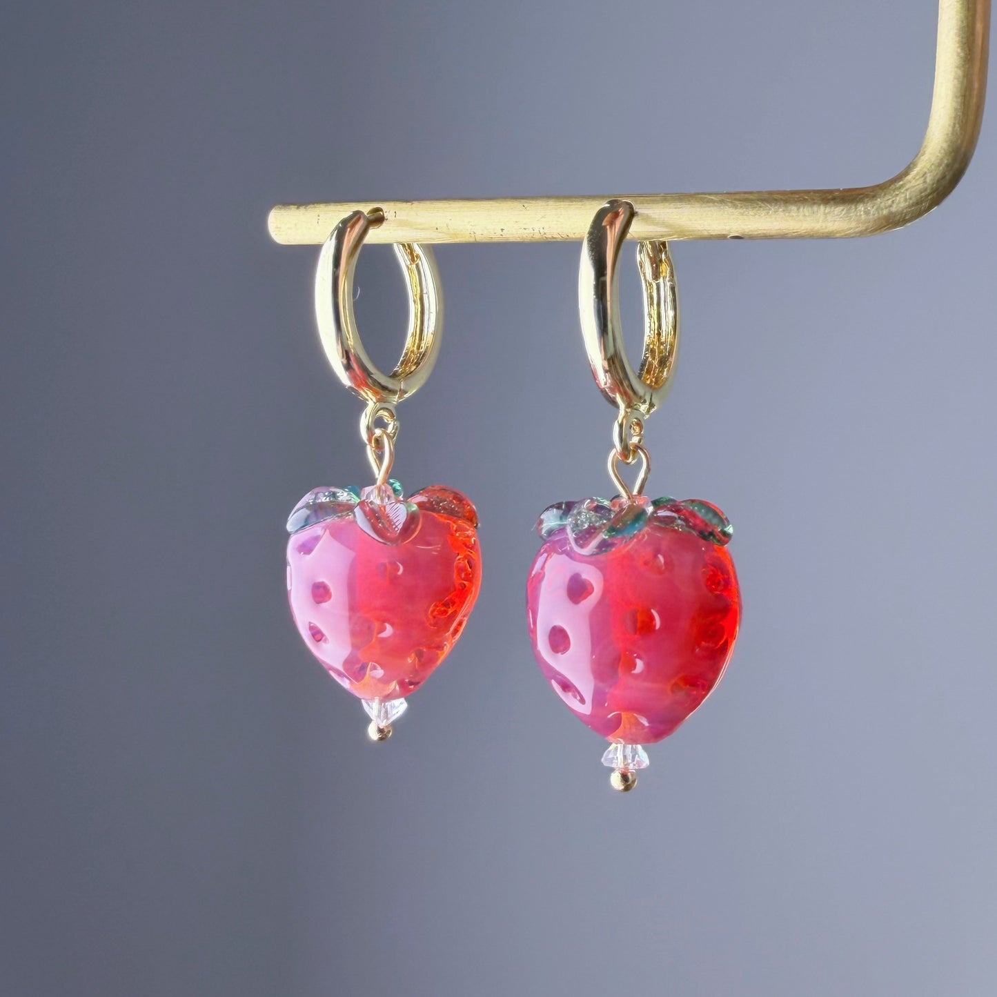 Handmade Lampwork Glass Red Strawberries Hoop Earrings