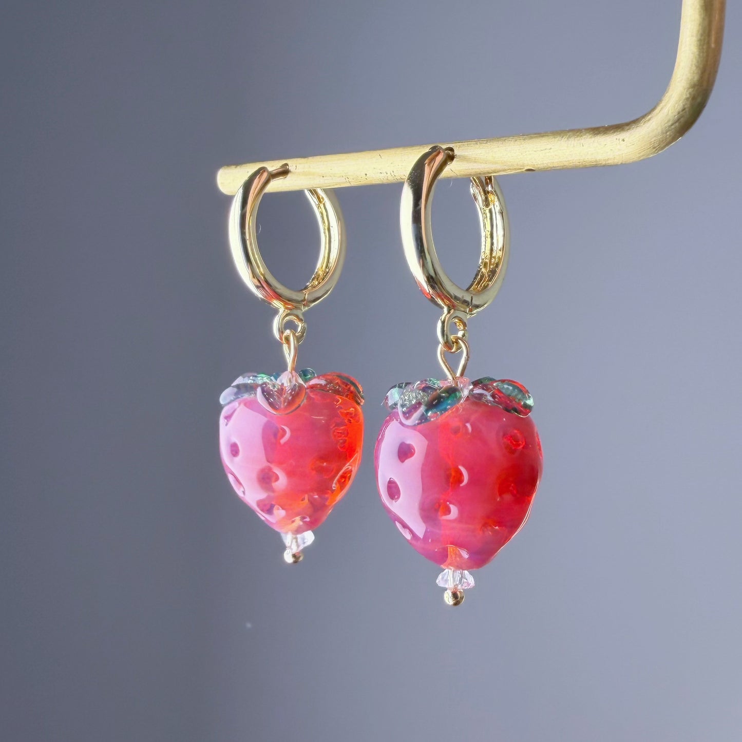 Handmade Lampwork Glass Red Strawberries Hoop Earrings