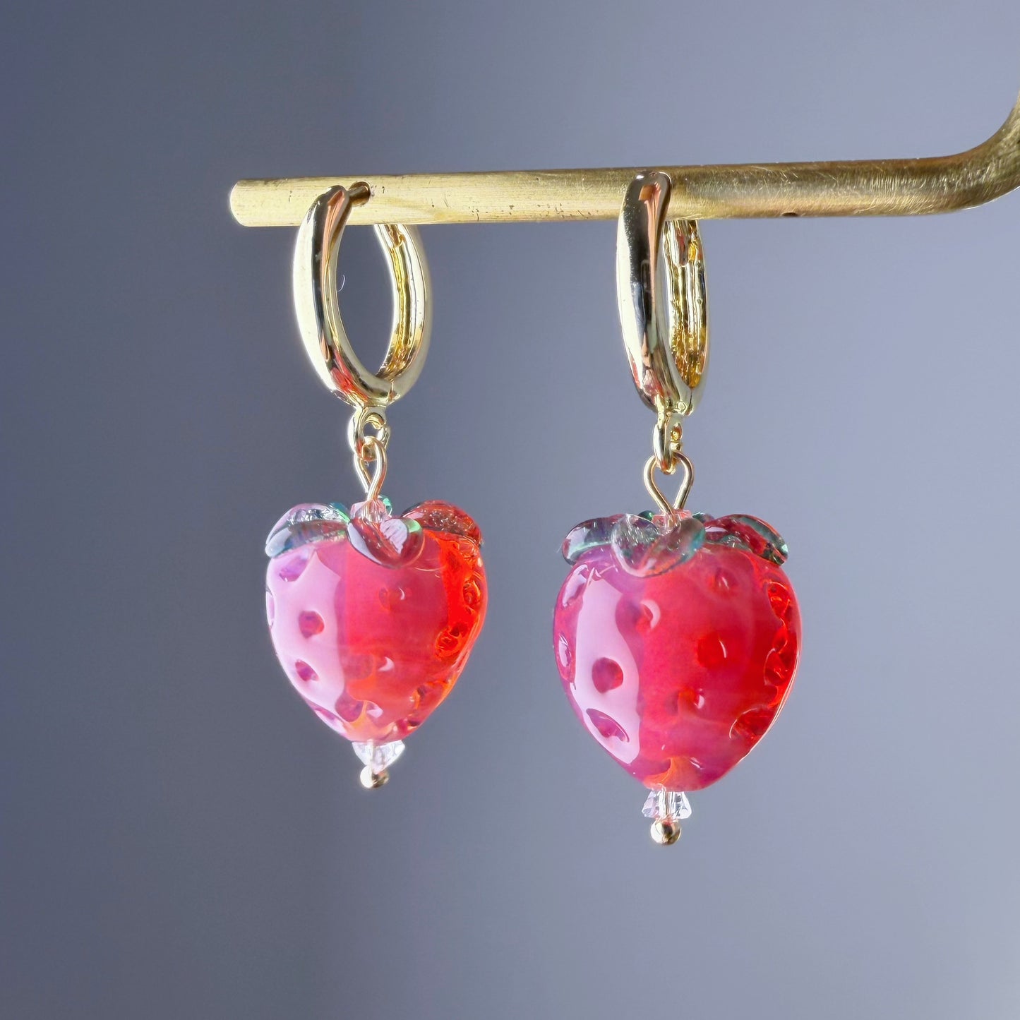 Handmade Lampwork Glass Red Strawberries Hoop Earrings
