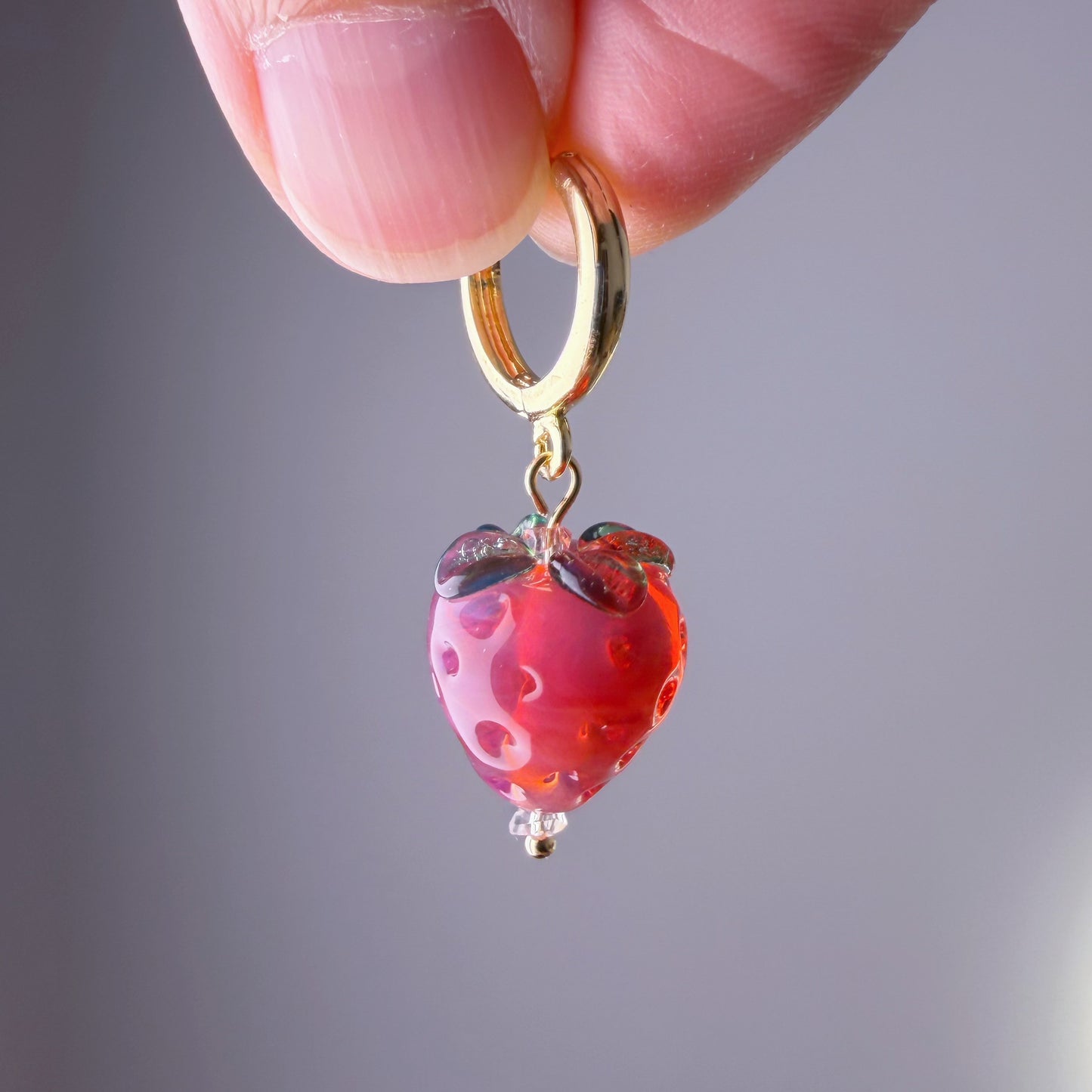 Handmade Lampwork Glass Red Strawberries Hoop Earrings