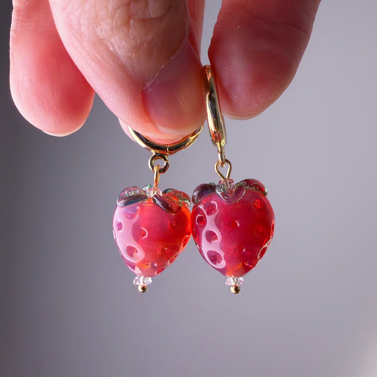 Handmade Lampwork Glass Red Strawberries Hoop Earrings