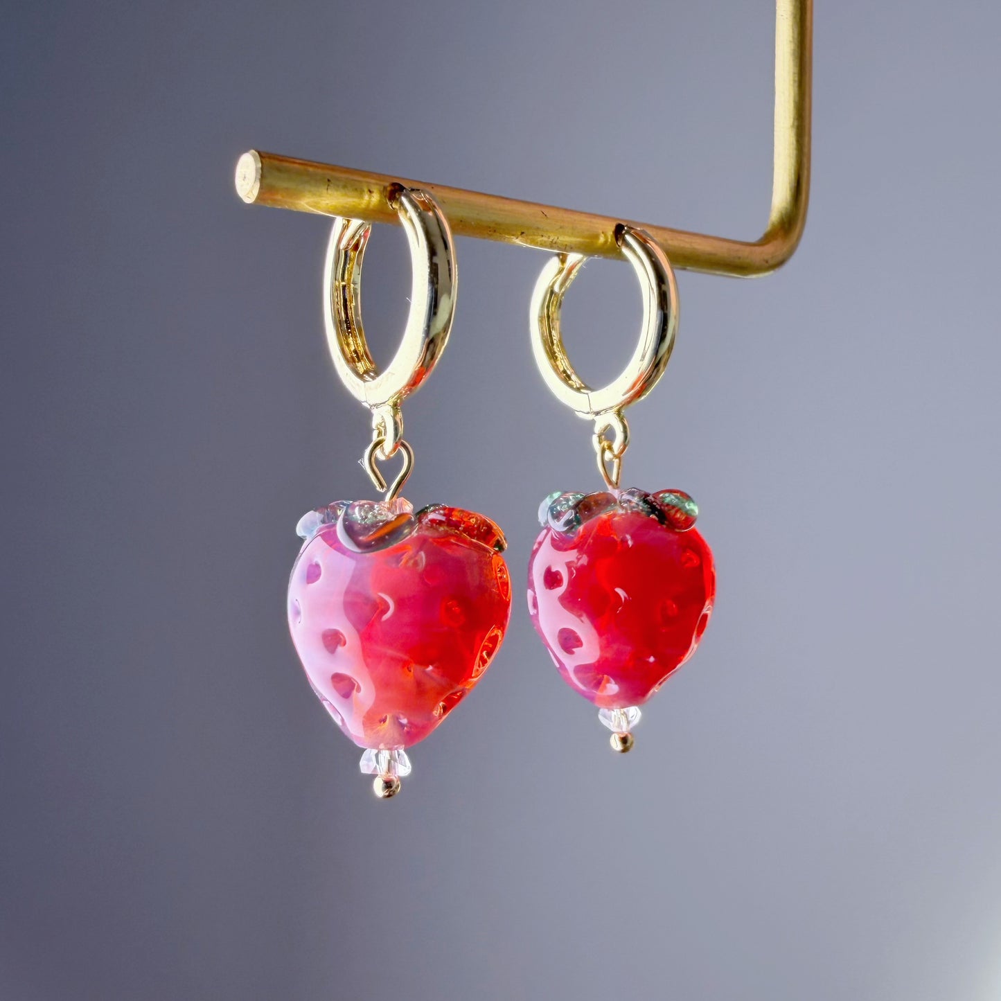 Handmade Lampwork Glass Red Strawberries Hoop Earrings