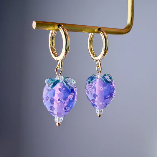 Handmade Lampwork Glass Purple Strawberries Hoop Earrings