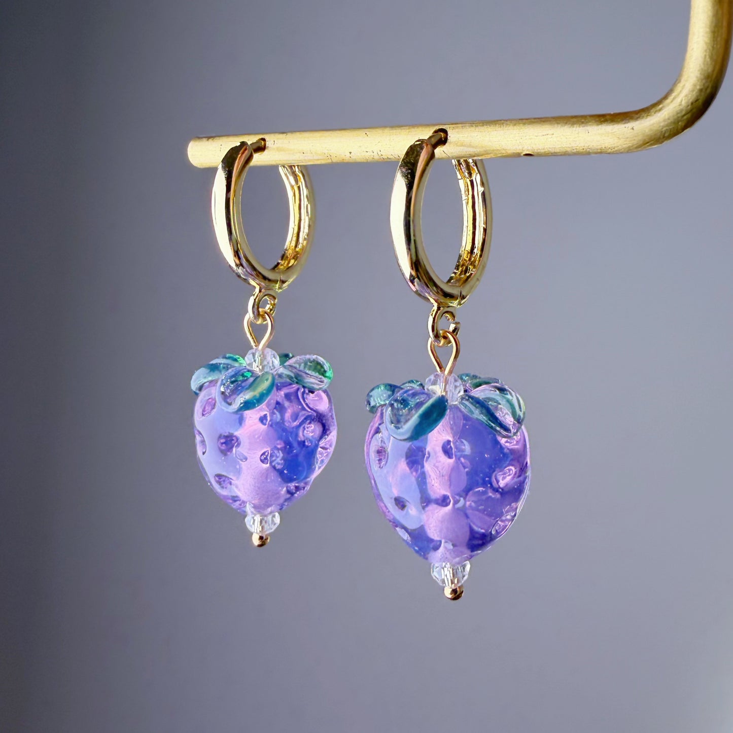 Handmade Lampwork Glass Purple Strawberries Hoop Earrings
